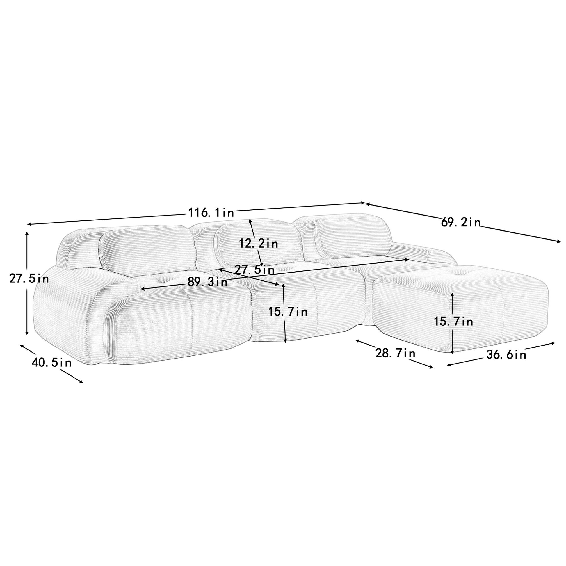 Dimension drawing for the corduroy boneless sectional, 3-seat with one ottoman layout — 3-Seat + 1 Ottoman