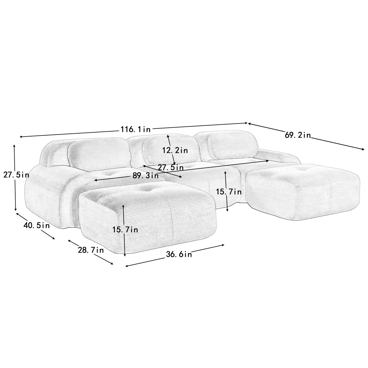 Dimension drawing for the corduroy boneless sectional, 3-seat with two ottomans layout — 3-Seat + 2 Ottomans