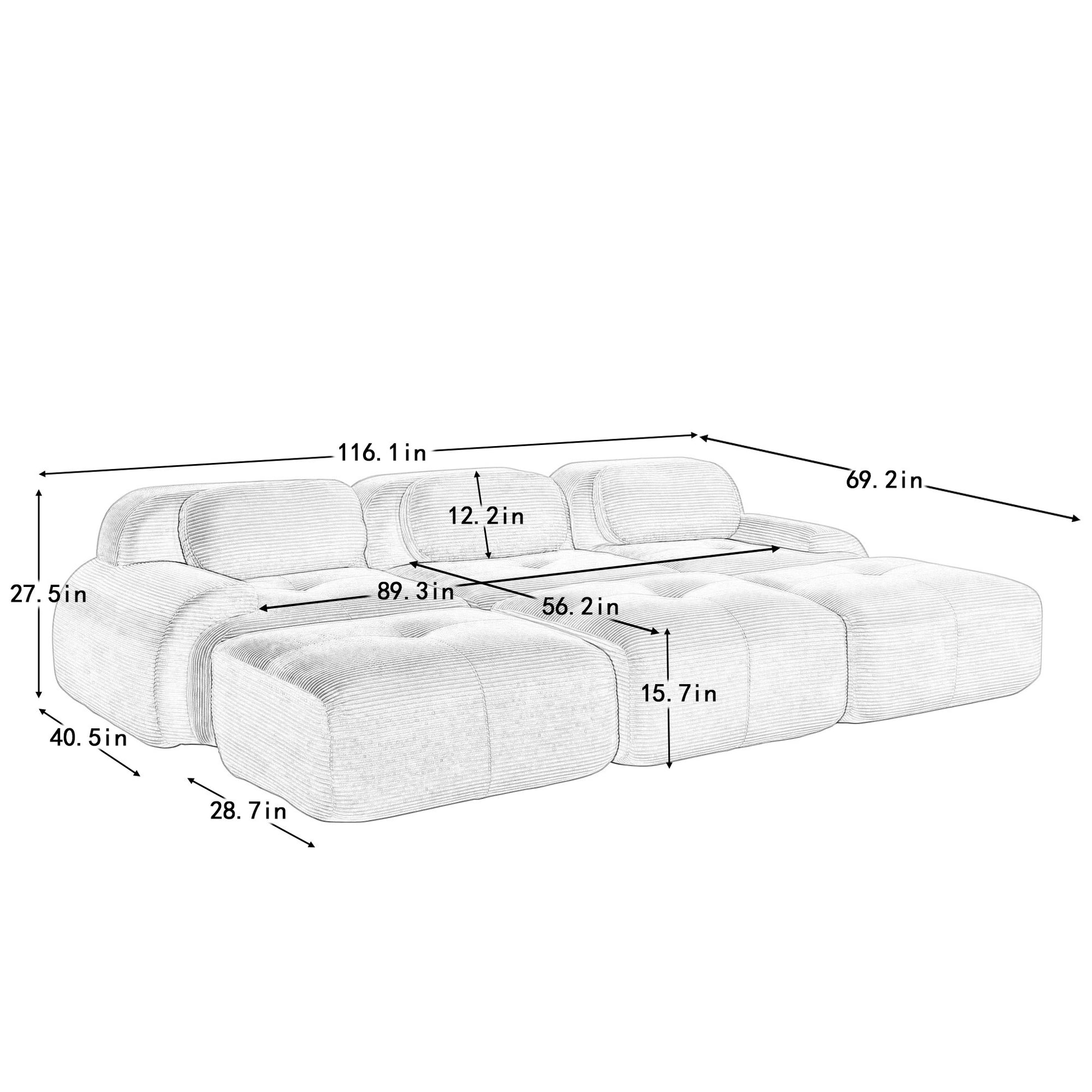Dimension drawing for the corduroy boneless sectional, 3-seat with three ottomans layout — 3-Seat + 3 Ottomans
