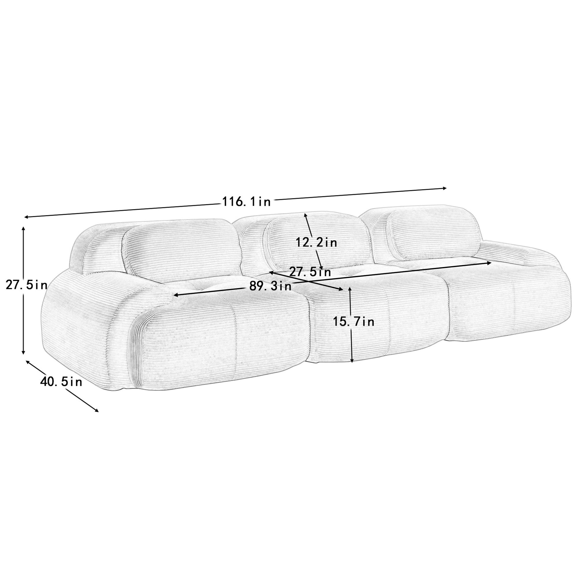 Dimension drawing for the corduroy boneless sectional, 3-seat layout — 3-Seat