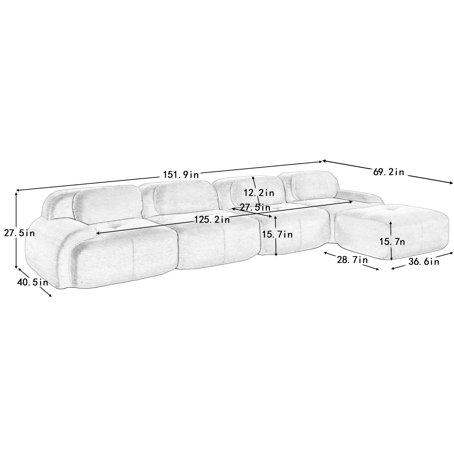 Dimension drawing for the corduroy boneless sectional, 4-seat with one ottoman layout — 4-Seat + 1 Ottoman