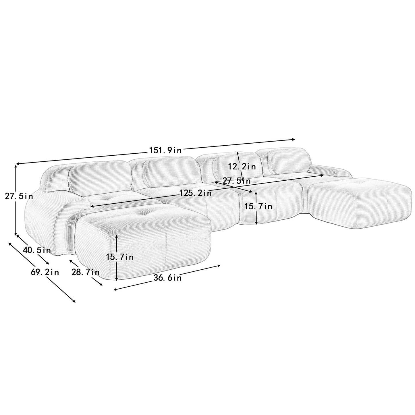 Dimension drawing for the corduroy boneless sectional, 4-seat with two ottomans layout — 4-Seat + 2 Ottomans