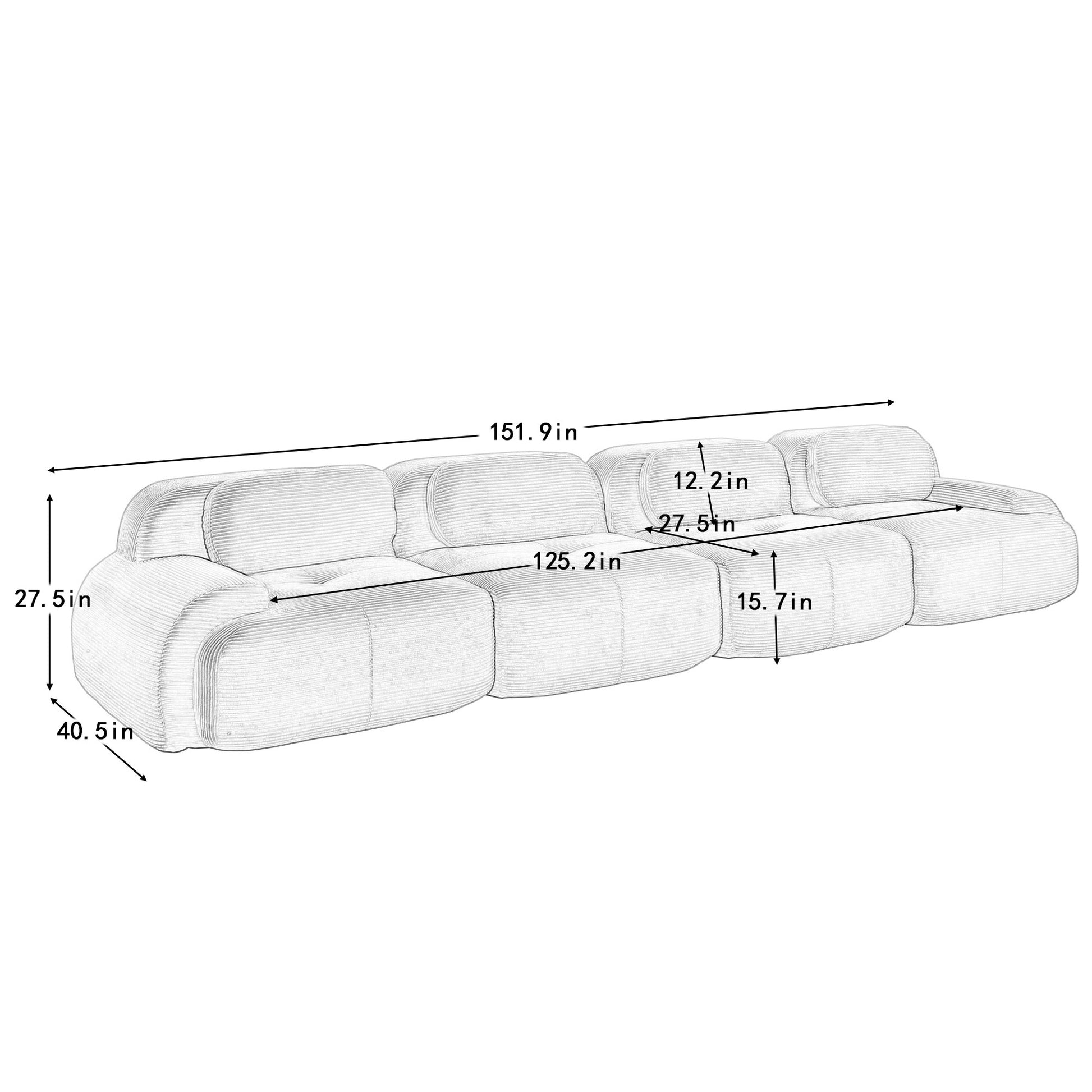Dimension drawing for the corduroy boneless sectional, 4-seat layout — 4-Seat