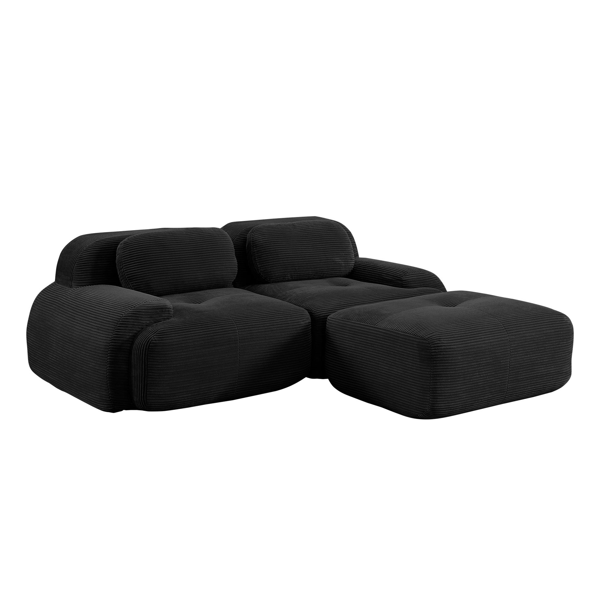 Black corduroy boneless sectional, 2-seat with one ottoman layout, 45 degree view on a white background — Black / 2-Seat + 1 Ottoman