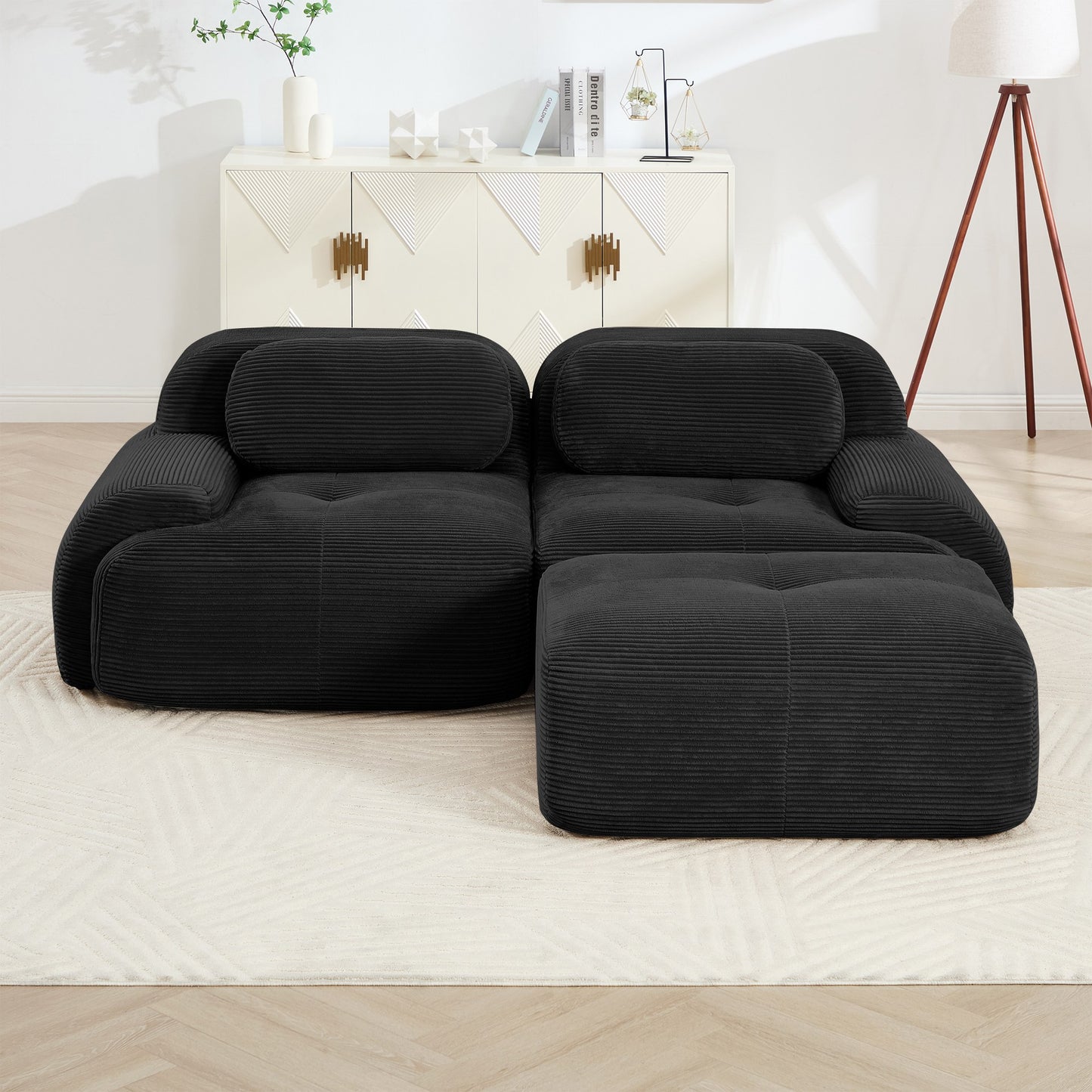 Black corduroy boneless sectional, 2-seat with one ottoman layout, straight on view in a living room — Black / 2-Seat + 1 Ottoman