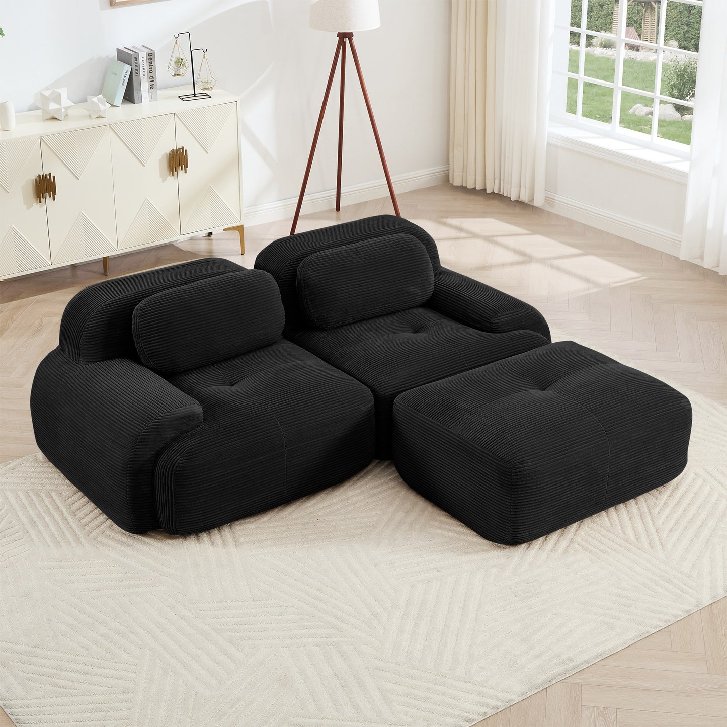 Black corduroy boneless sectional, 2-seat with one ottoman layout, angled view in a bright living room — Black / 2-Seat + 1 Ottoman
