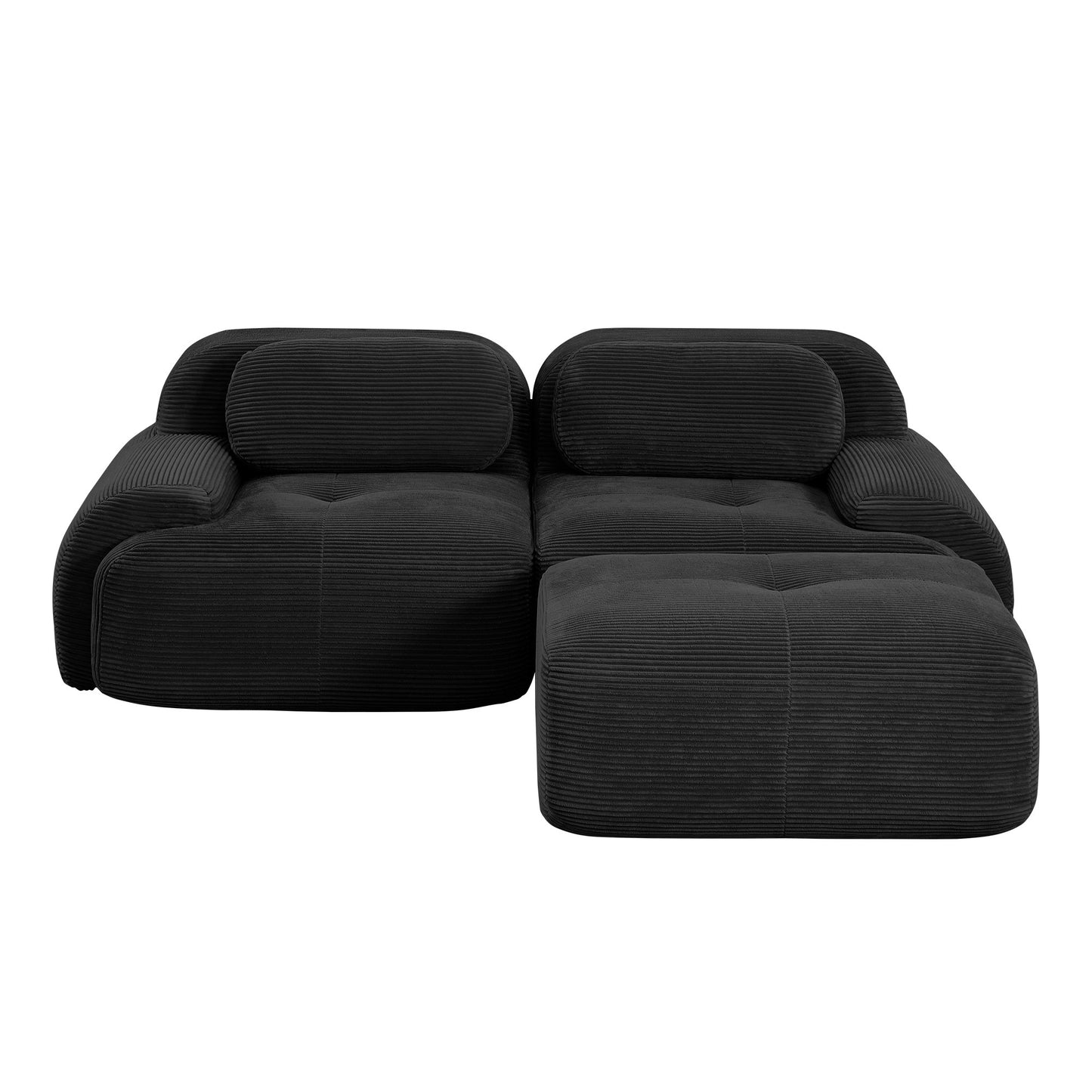 Black corduroy boneless sectional, 2-seat with one ottoman layout, second view on a white background — Black / 2-Seat + 1 Ottoman