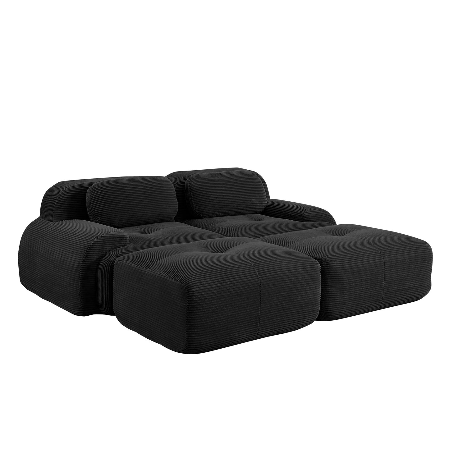 Black corduroy boneless sectional, 2-seat with two ottomans layout, 45 degree view on a white background — Black / 2-Seat + 2 Ottomans