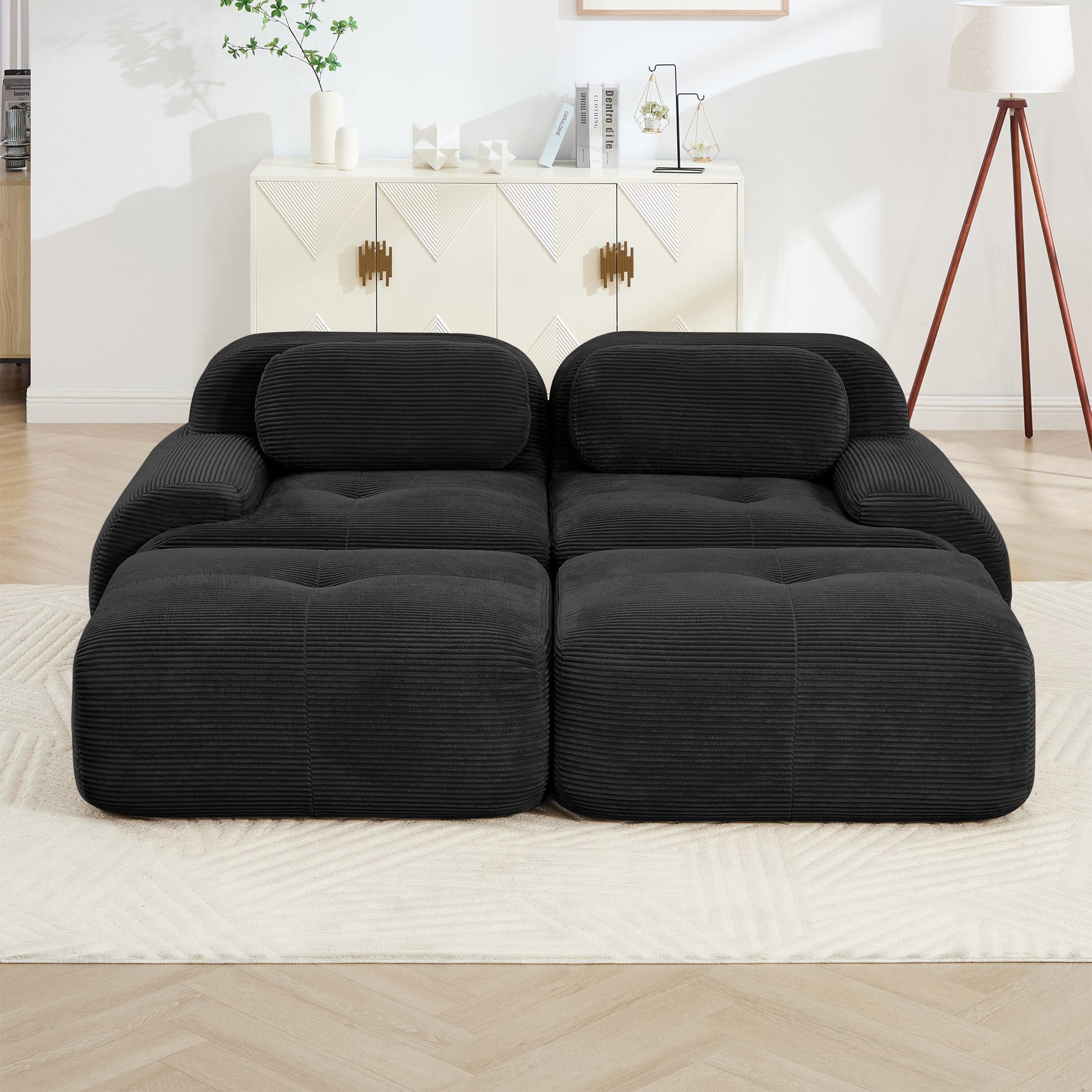 Black corduroy boneless sectional, 2-seat with two ottomans layout, straight on view in a living room — Black / 2-Seat + 2 Ottomans