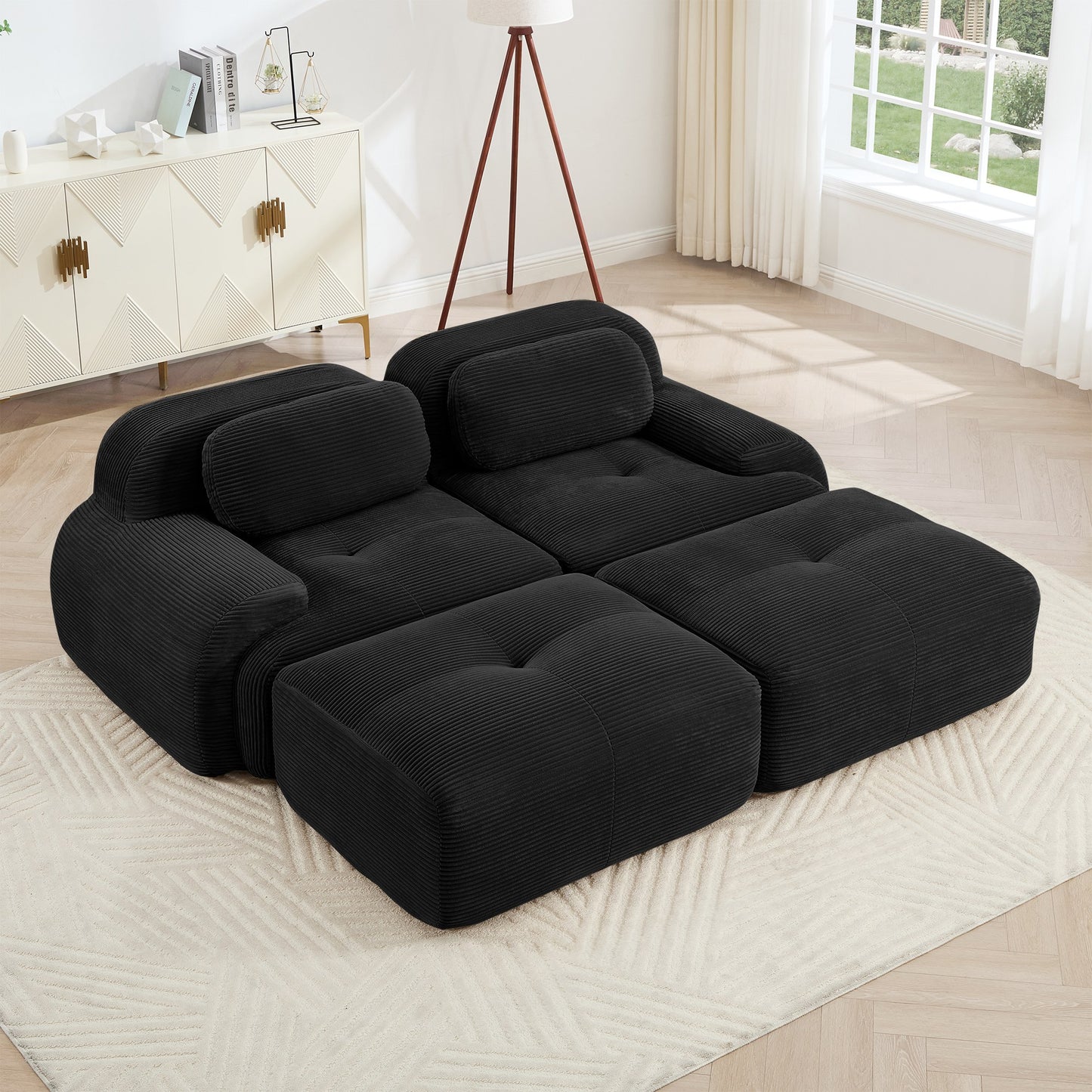Black corduroy boneless sectional, 2-seat with two ottomans layout, angled view in a bright living room — Black / 2-Seat + 2 Ottomans
