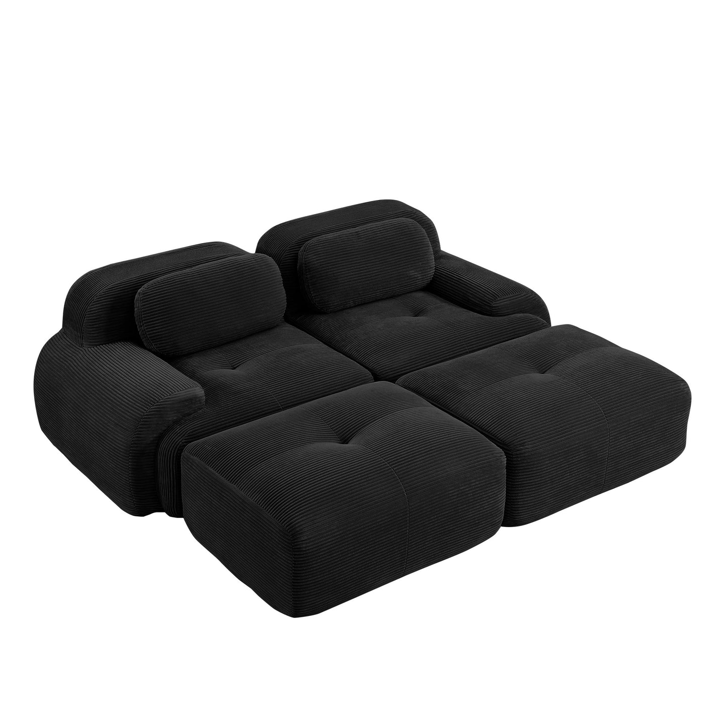 Black corduroy boneless sectional, 2-seat with two ottomans layout, second view on a white background — Black / 2-Seat + 2 Ottomans