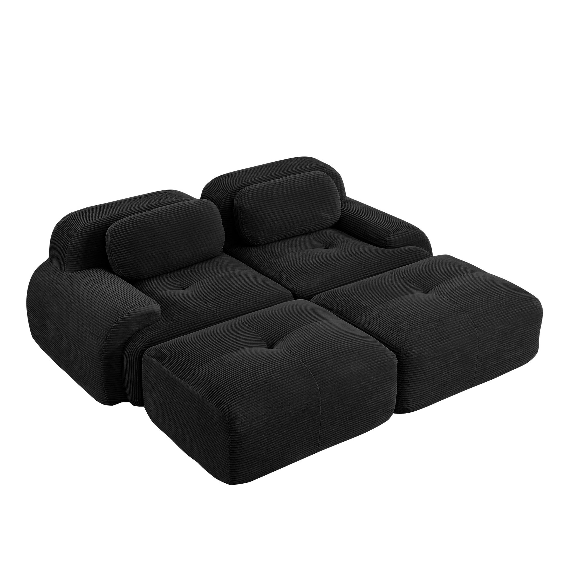 Black corduroy boneless sectional, 2-seat with two ottomans layout, second view on a white background — Black / 2-Seat + 2 Ottomans