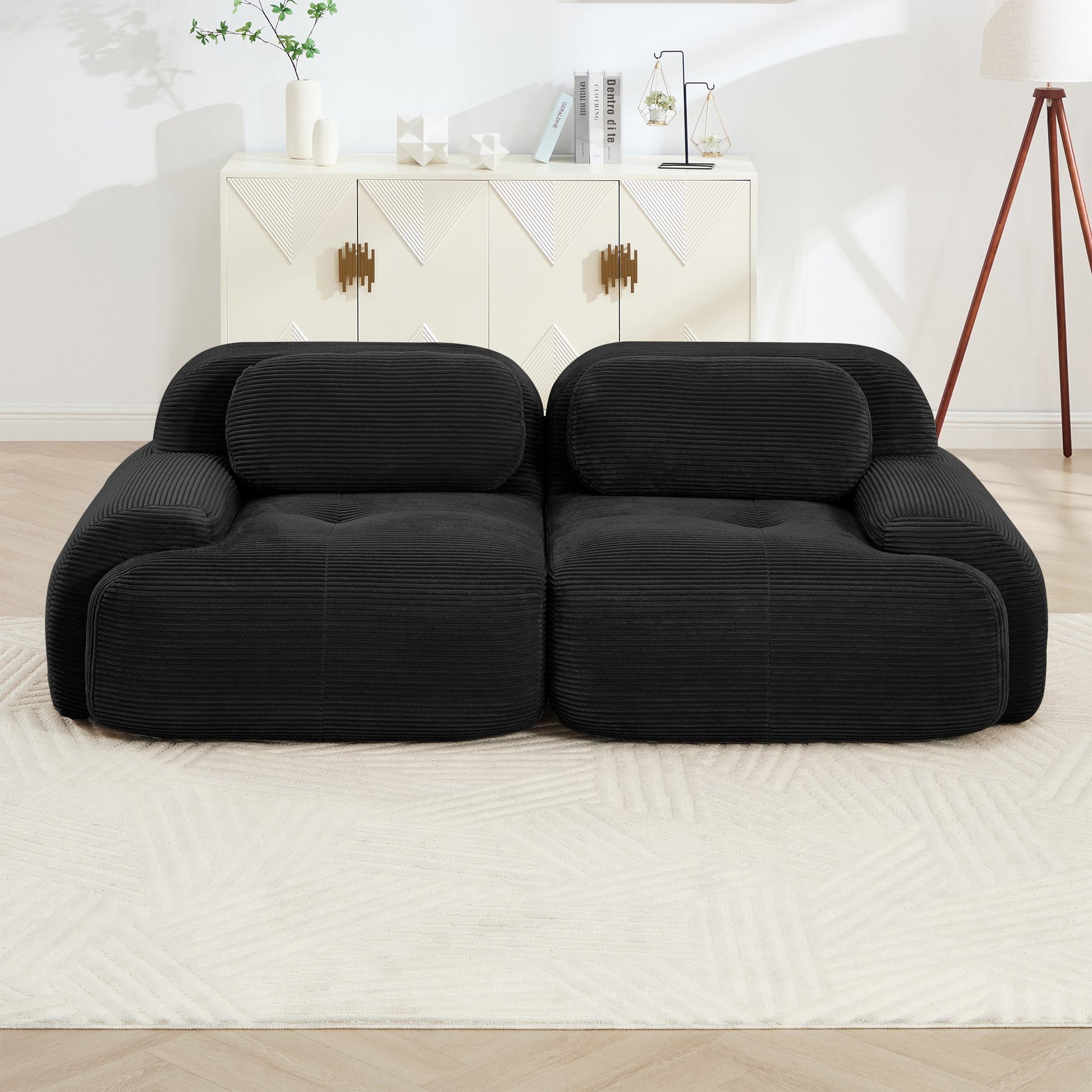 Black corduroy boneless sectional, 2-seat layout, straight on view in a living room — Black / 2-Seat