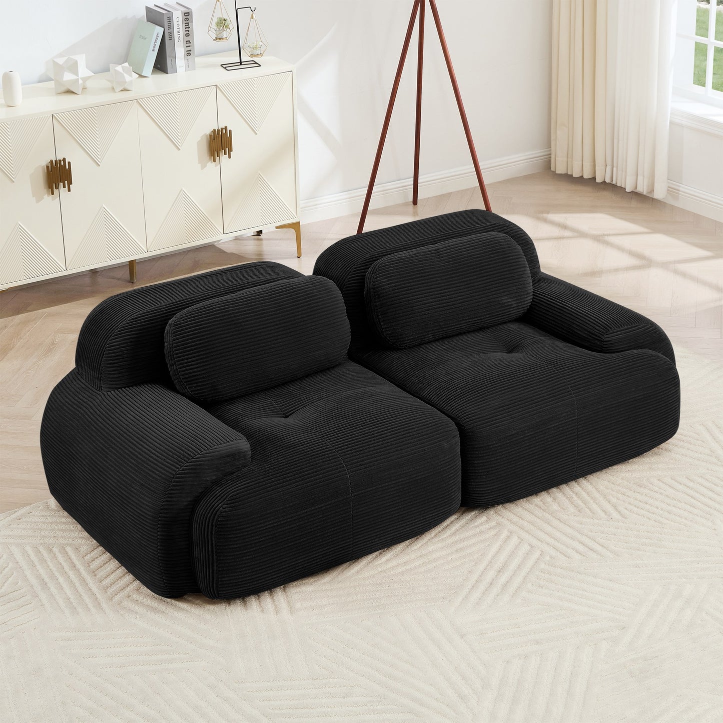 Black corduroy boneless sectional, 2-seat layout, angled view in a bright living room — Black / 2-Seat