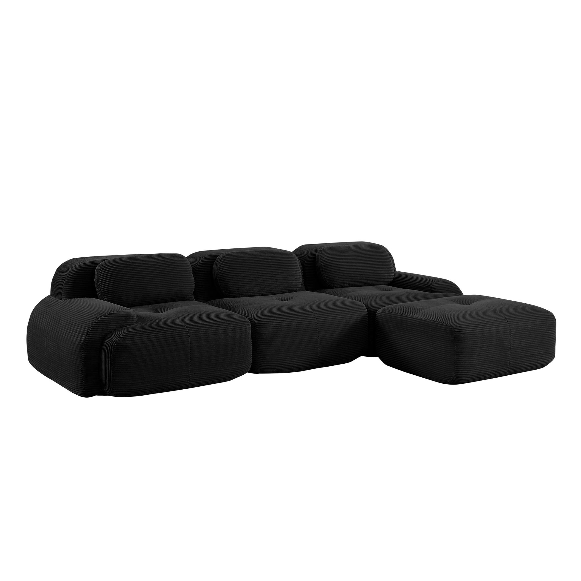 Black corduroy boneless sectional, 3-seat with one ottoman layout, 45 degree view on a white background — Black / 3-Seat + 1 Ottoman