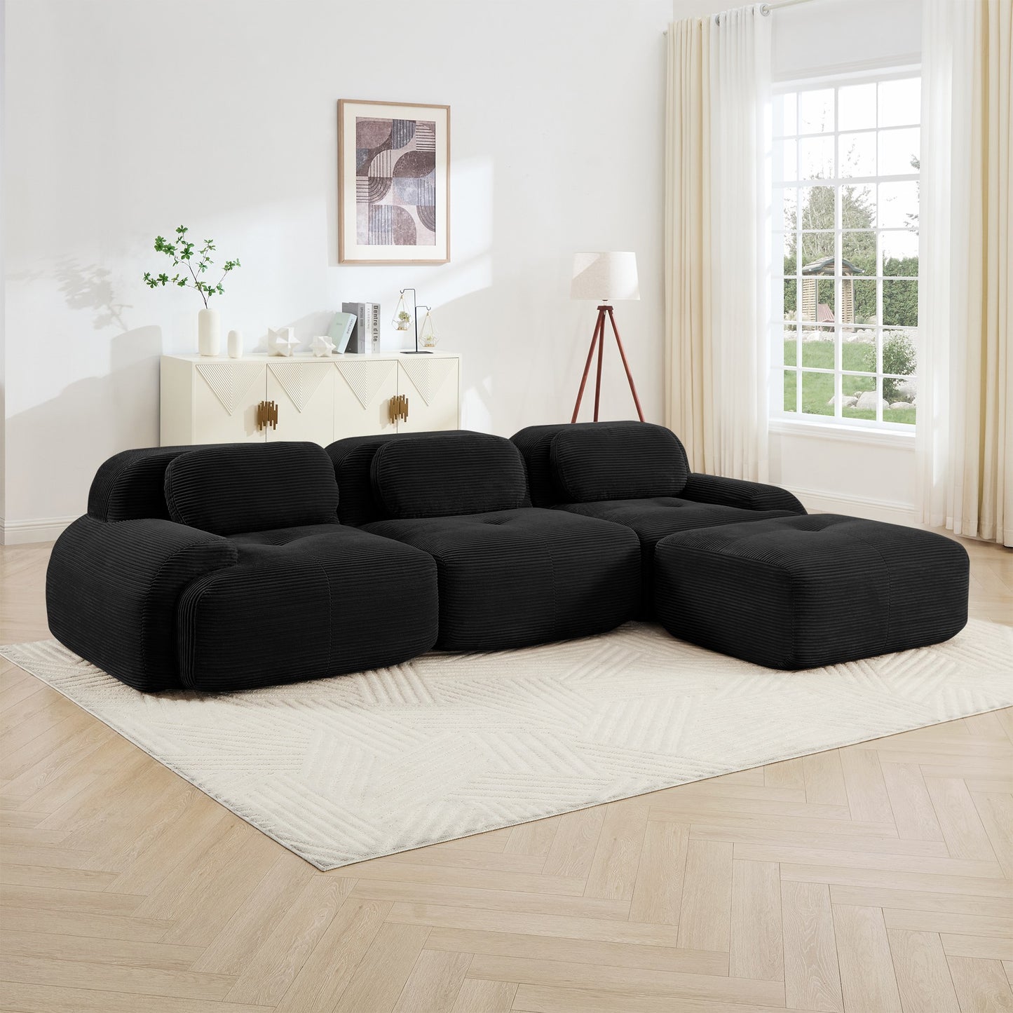 Black corduroy boneless sectional, 3-seat with one ottoman layout, straight on view in a living room — Black / 3-Seat + 1 Ottoman