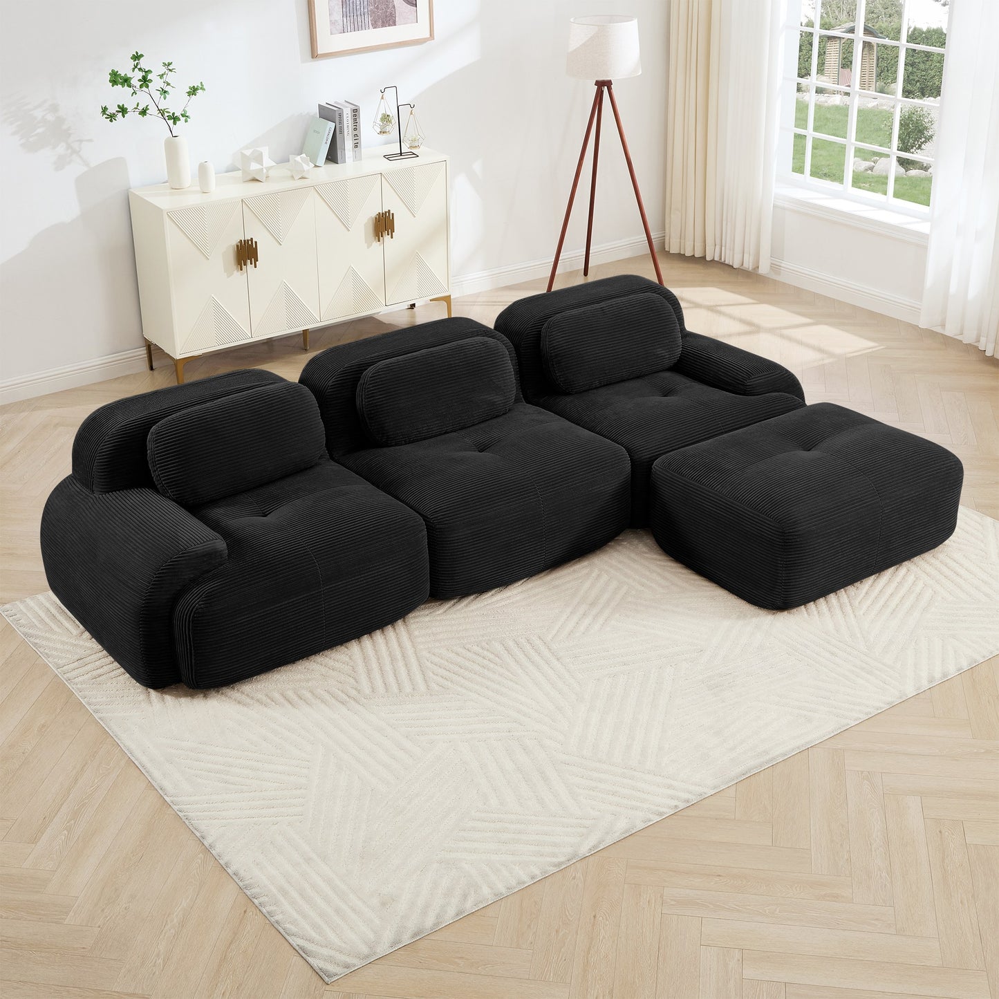 Black corduroy boneless sectional, 3-seat with one ottoman layout, angled view in a bright living room — Black / 3-Seat + 1 Ottoman