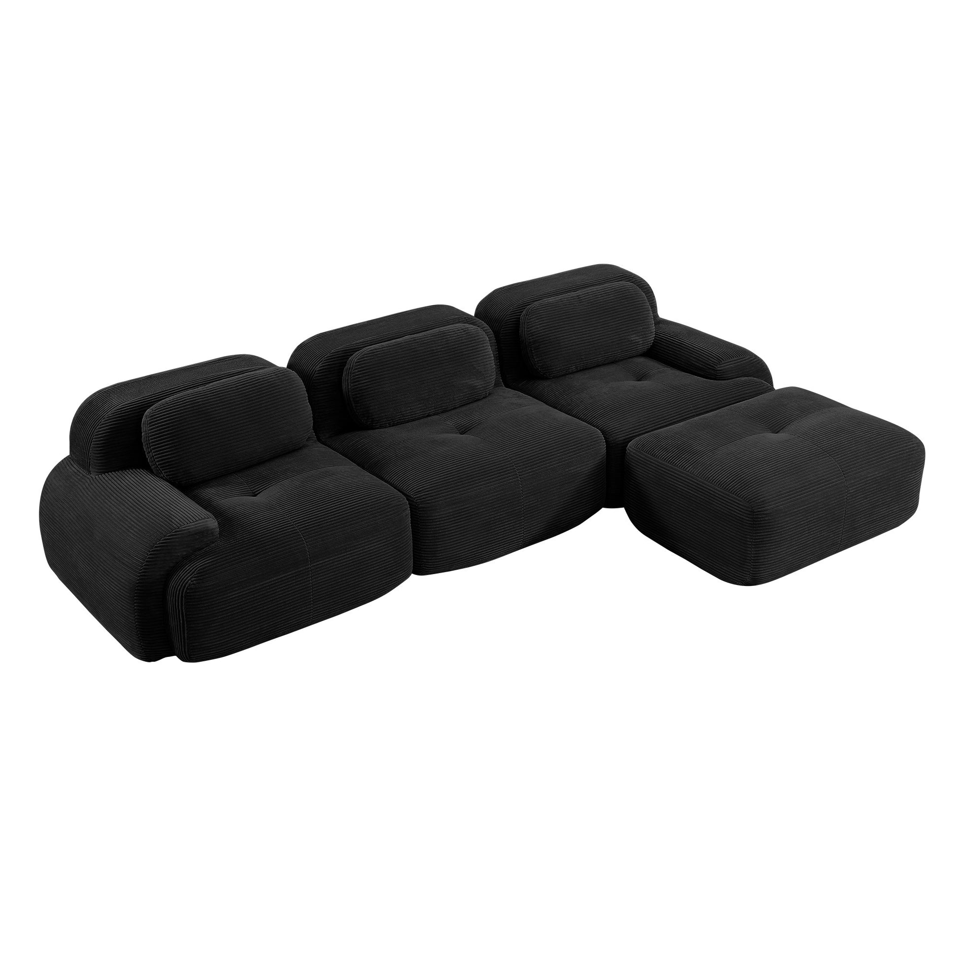 Black corduroy boneless sectional, 3-seat with one ottoman layout, second view on a white background — Black / 3-Seat + 1 Ottoman