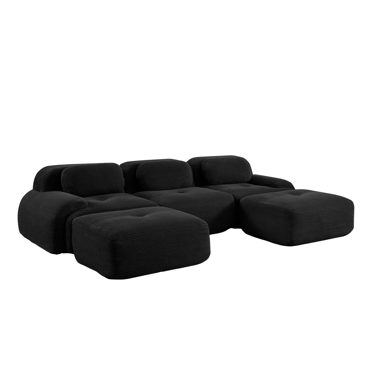 Black corduroy boneless sectional, 3-seat with two ottomans layout, 45 degree view on a white background — Black / 3-Seat + 2 Ottomans