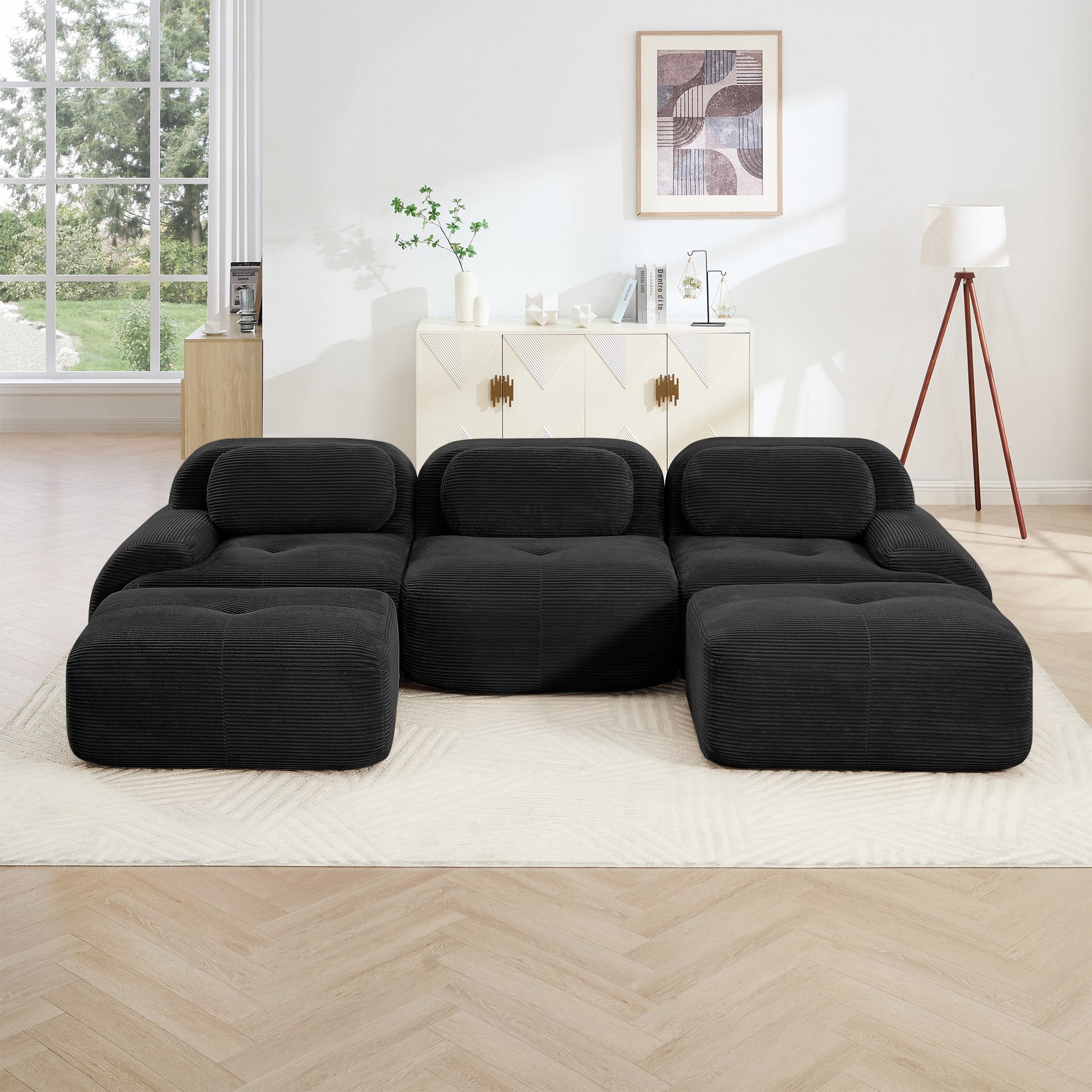 Black corduroy boneless sectional, 3-seat with two ottomans layout, straight on view in a living room — Black / 3-Seat + 2 Ottomans