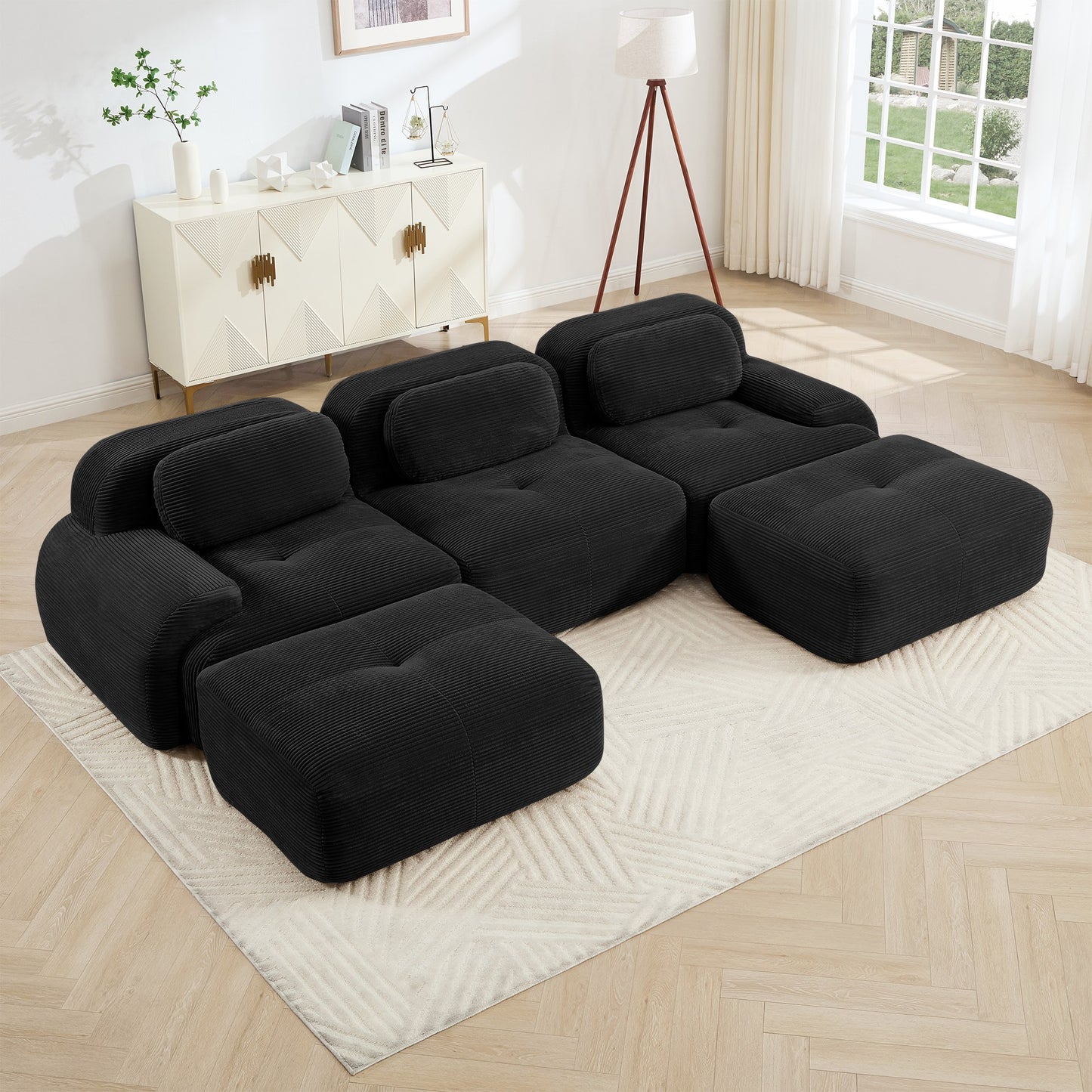 Black corduroy boneless sectional, 3-seat with two ottomans layout, angled view in a bright living room — Black / 3-Seat + 2 Ottomans