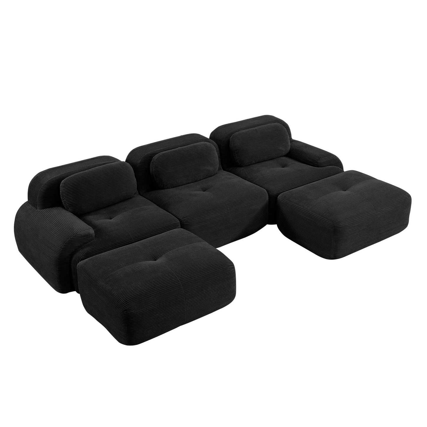 Black corduroy boneless sectional, 3-seat with two ottomans layout, second view on a white background — Black / 3-Seat + 2 Ottomans