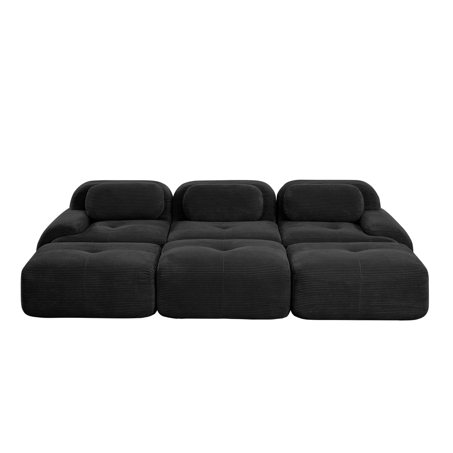 Black corduroy boneless sectional, 3-seat with three ottomans layout, 45 degree view on a white background — Black / 3-Seat + 3 Ottomans
