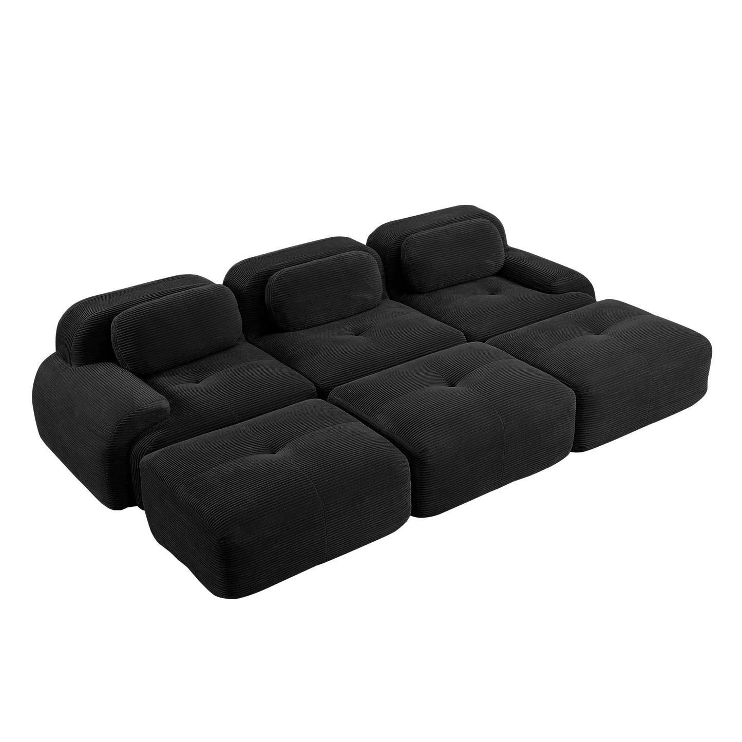 Black corduroy boneless sectional, 3-seat with three ottomans layout, second view on a white background — Black / 3-Seat + 3 Ottomans