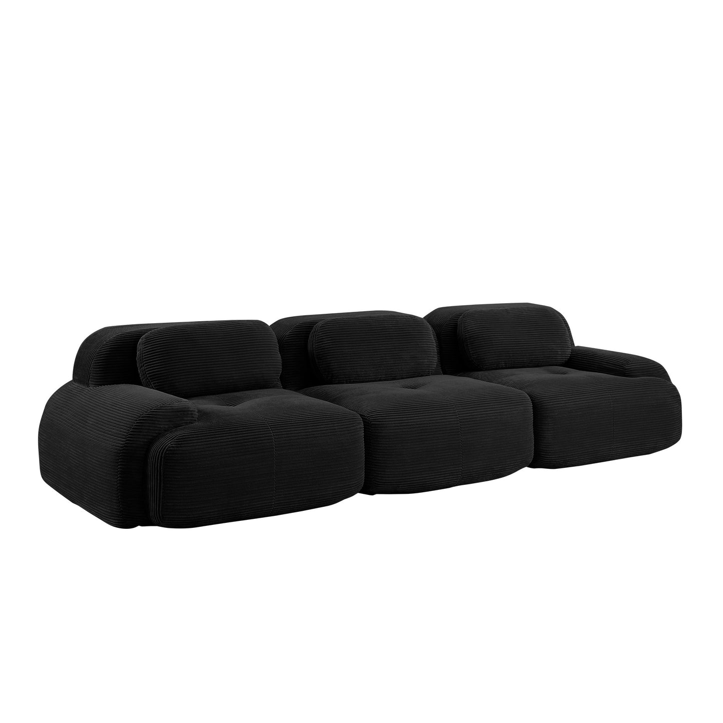 Black corduroy boneless sectional, 3-seat layout, 45 degree view on a white background — Black / 3-Seat