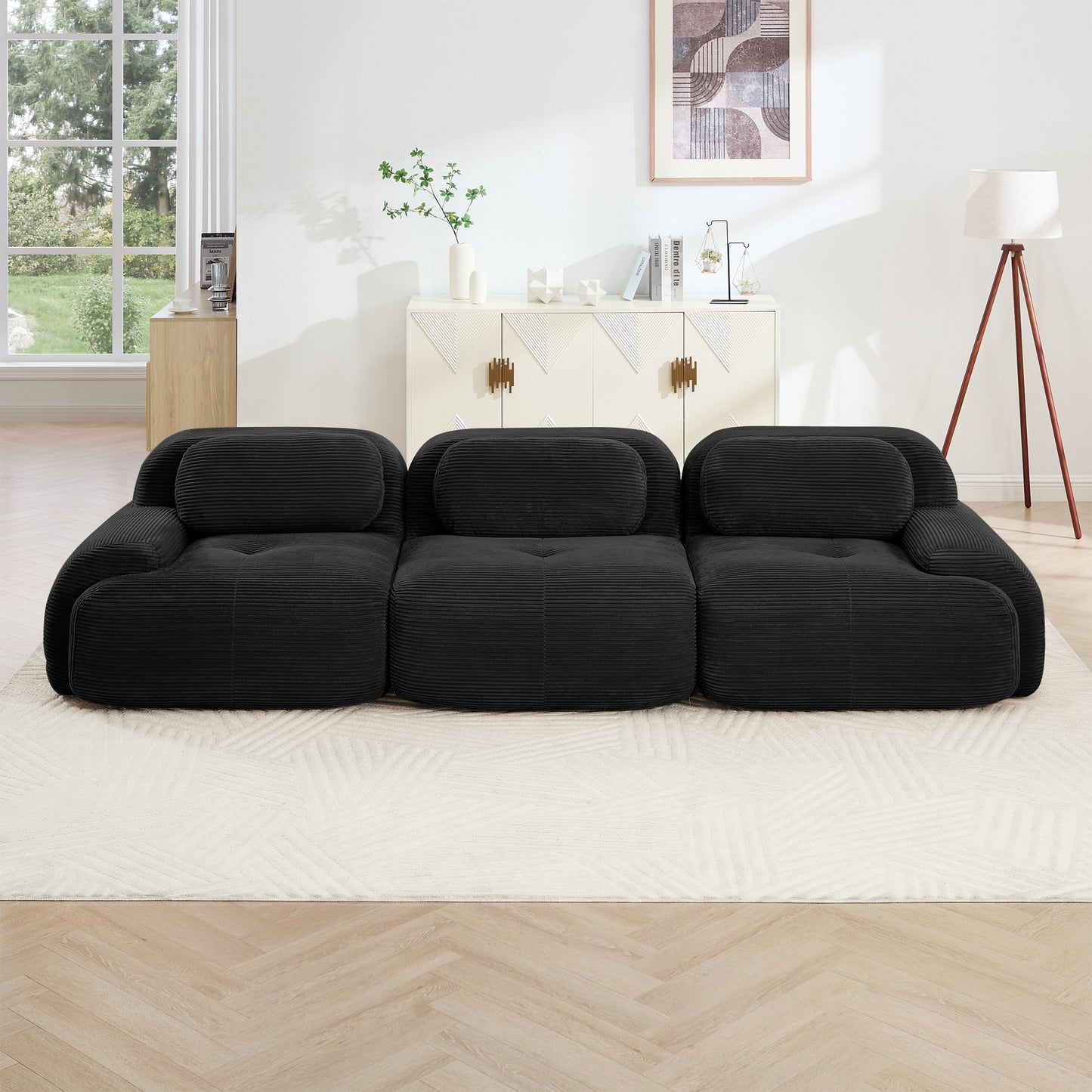 Black corduroy boneless sectional, 3-seat layout, straight on view in a living room — Black / 3-Seat