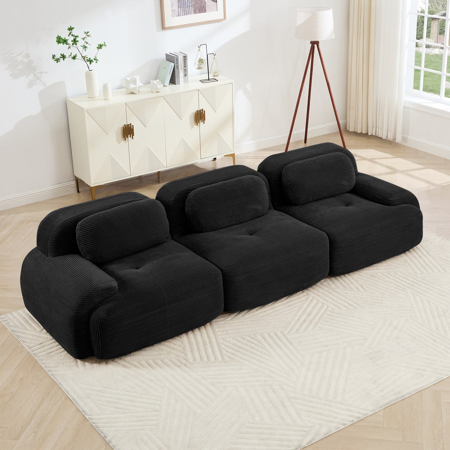Black corduroy boneless sectional, 3-seat layout, angled view in a bright living room — Black / 3-Seat