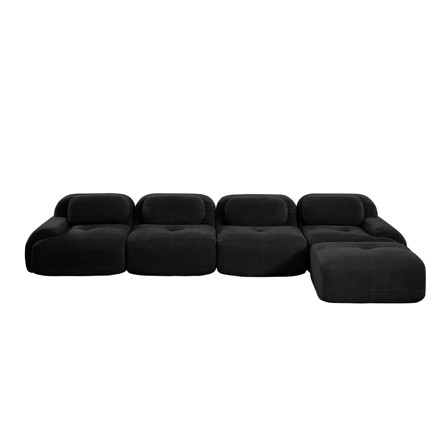 Black corduroy boneless sectional, 4-seat with one ottoman layout, 45 degree view on a white background — Black / 4-Seat + 1 Ottoman