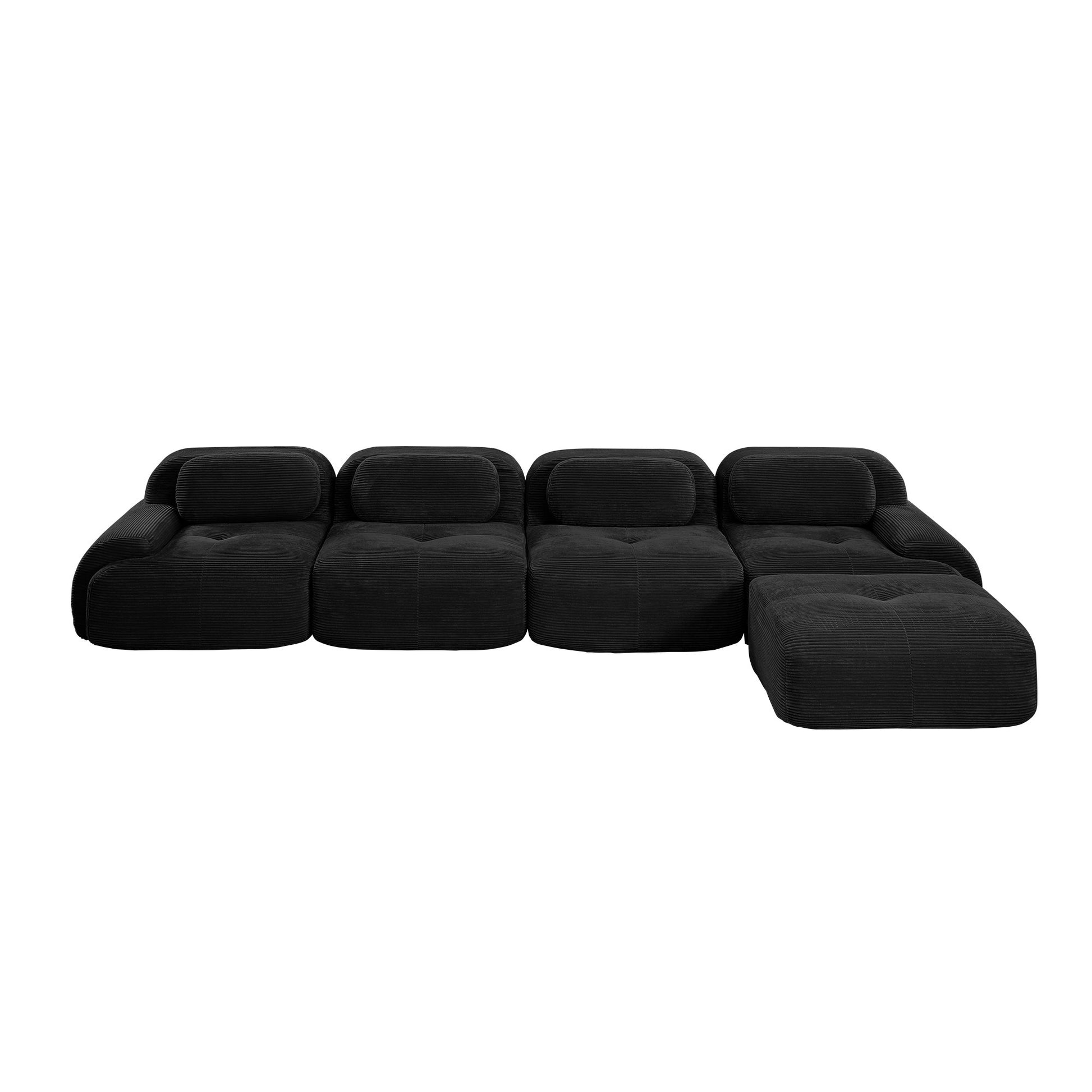 Black corduroy boneless sectional, 4-seat with one ottoman layout, second view on a white background — Black / 4-Seat + 1 Ottoman
