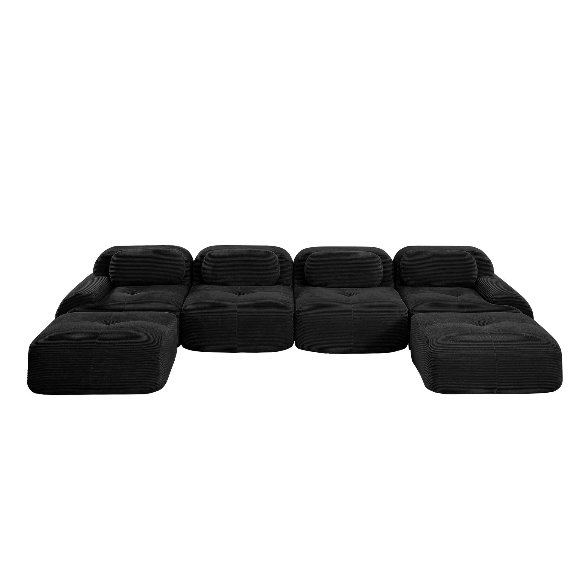 Black corduroy boneless sectional, 4-seat with two ottomans layout, 45 degree view on a white background — Black / 4-Seat + 2 Ottomans