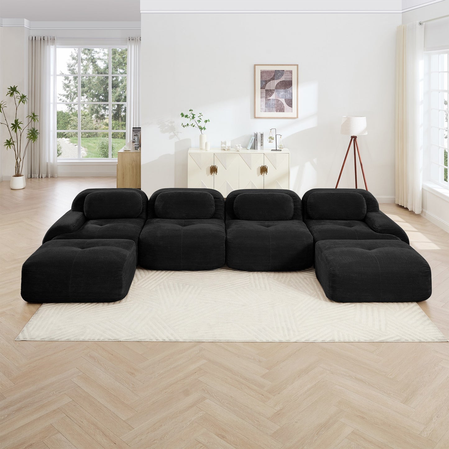 Black corduroy boneless sectional, 4-seat with two ottomans layout, straight on view in a living room — Black / 4-Seat + 2 Ottomans