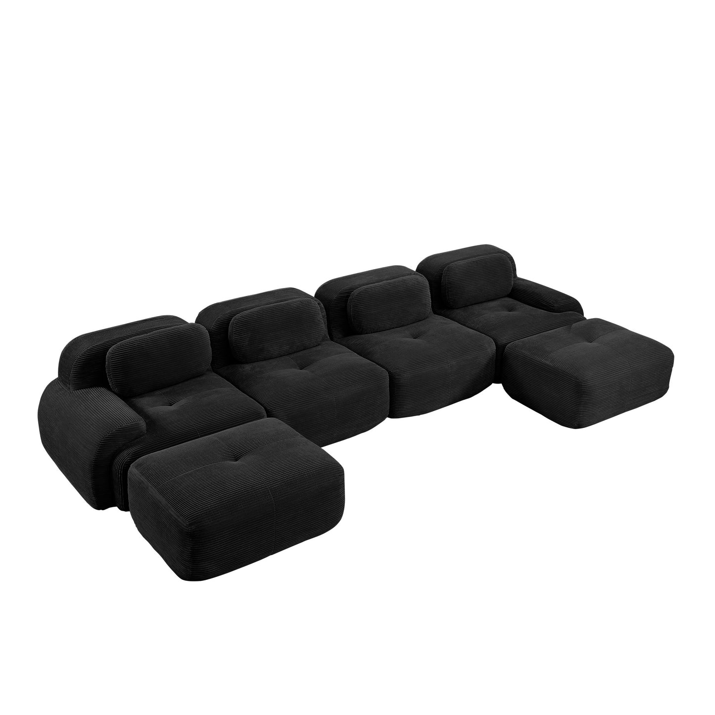 Black corduroy boneless sectional, 4-seat with two ottomans layout, second view on a white background — Black / 4-Seat + 2 Ottomans