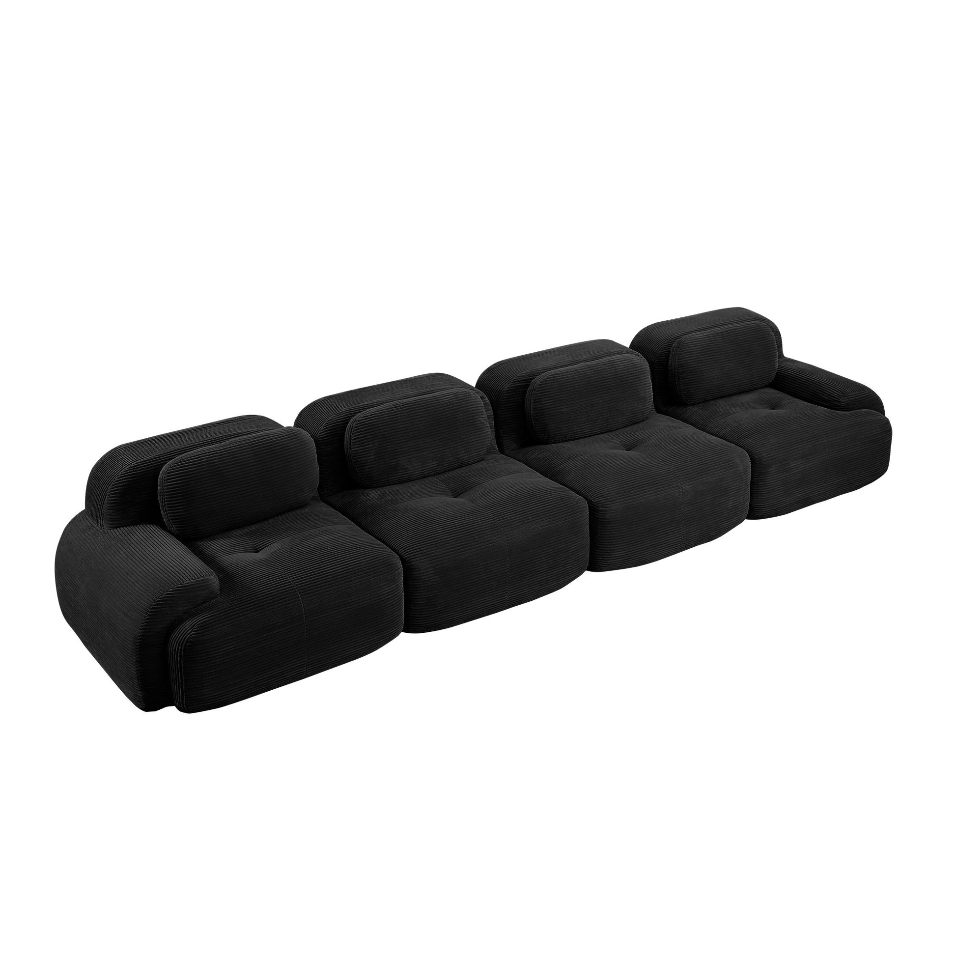 Black corduroy boneless sectional, 4-seat layout, 45 degree view on a white background — Black / 4-Seat