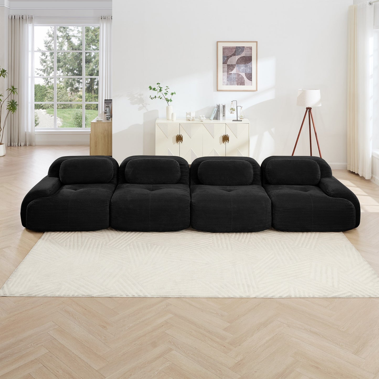 Black corduroy boneless sectional, 4-seat layout, straight on view in a living room — Black / 4-Seat