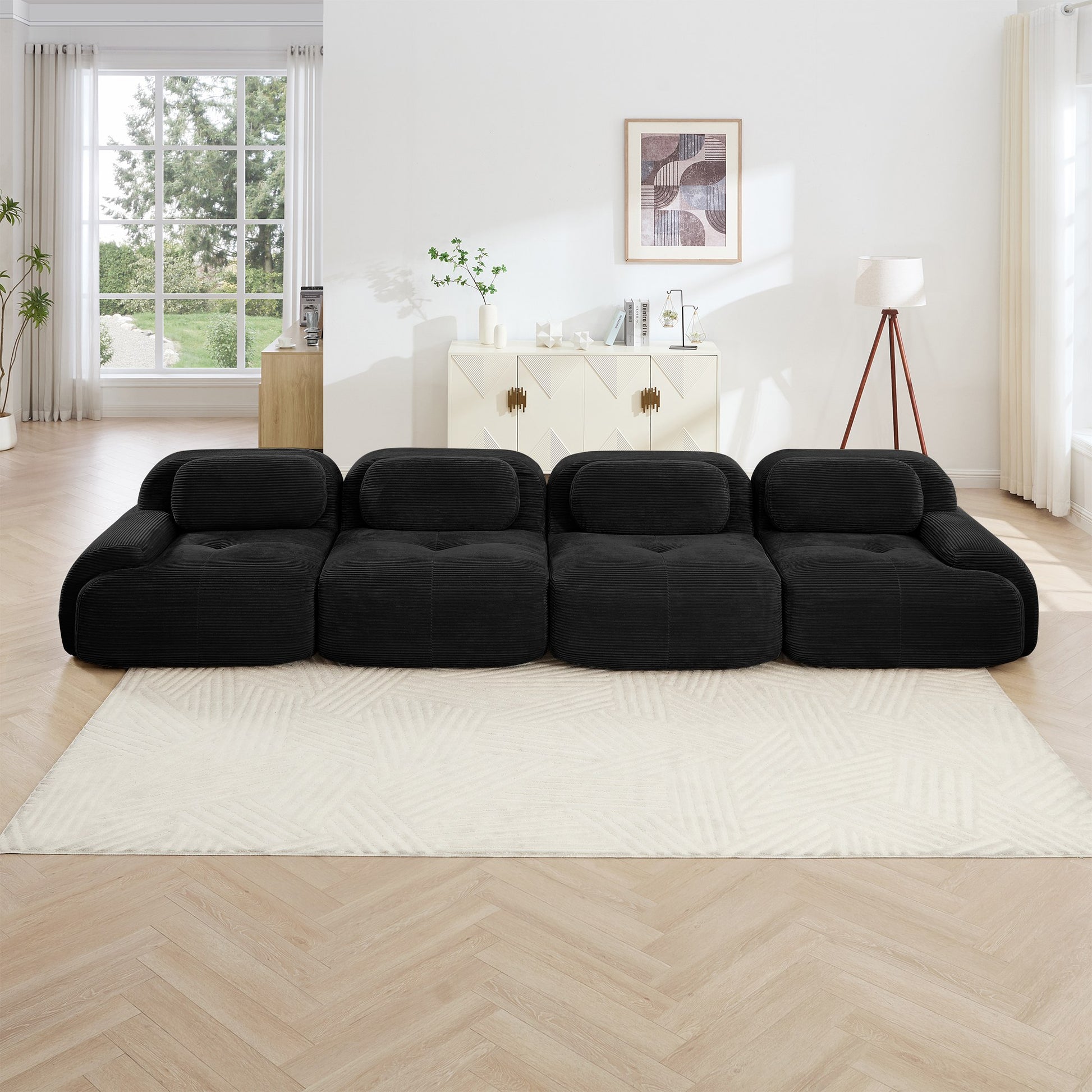 Black corduroy boneless sectional, 4-seat layout, straight on view in a living room — Black / 4-Seat