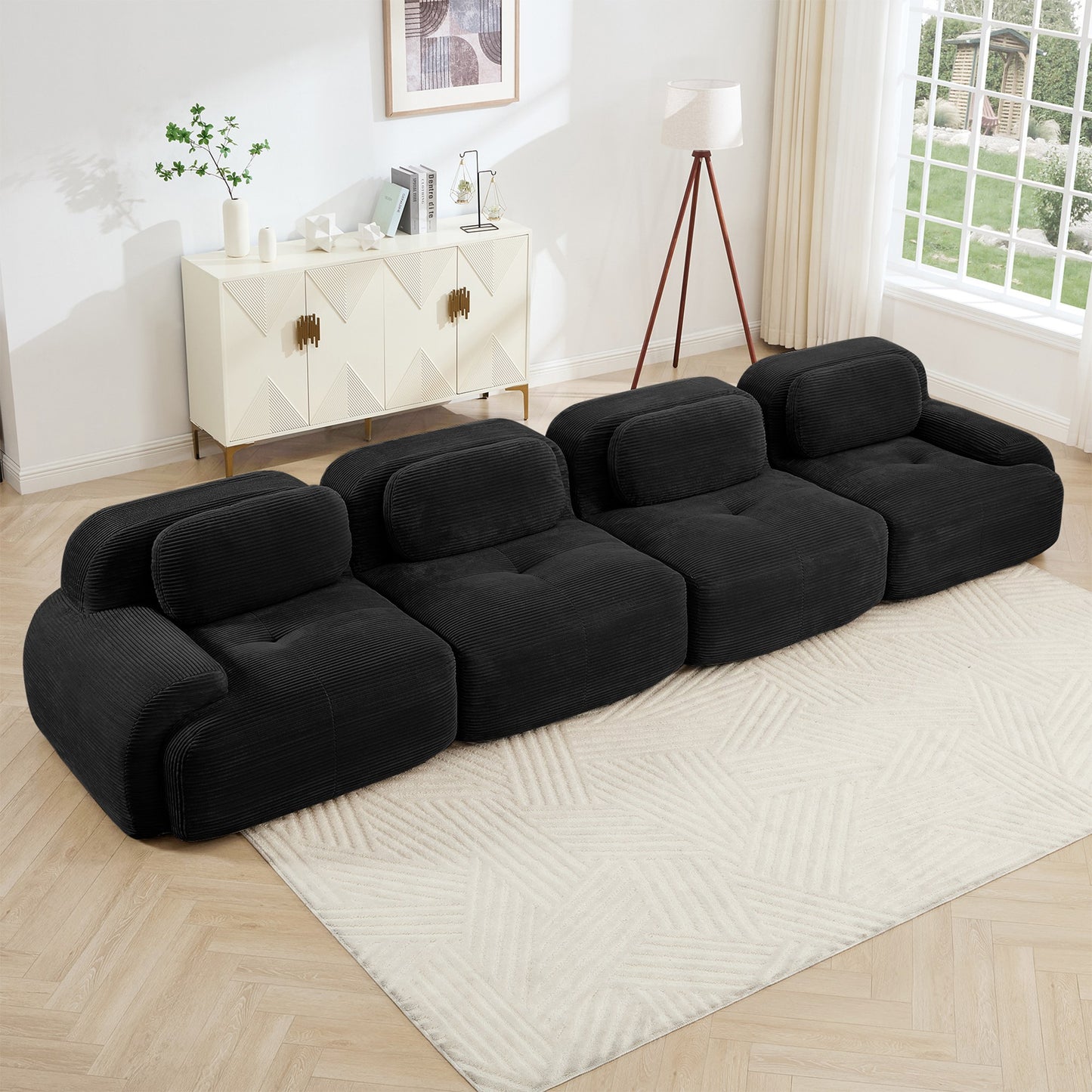 Black corduroy boneless sectional, 4-seat layout, angled view in a bright living room — Black / 4-Seat