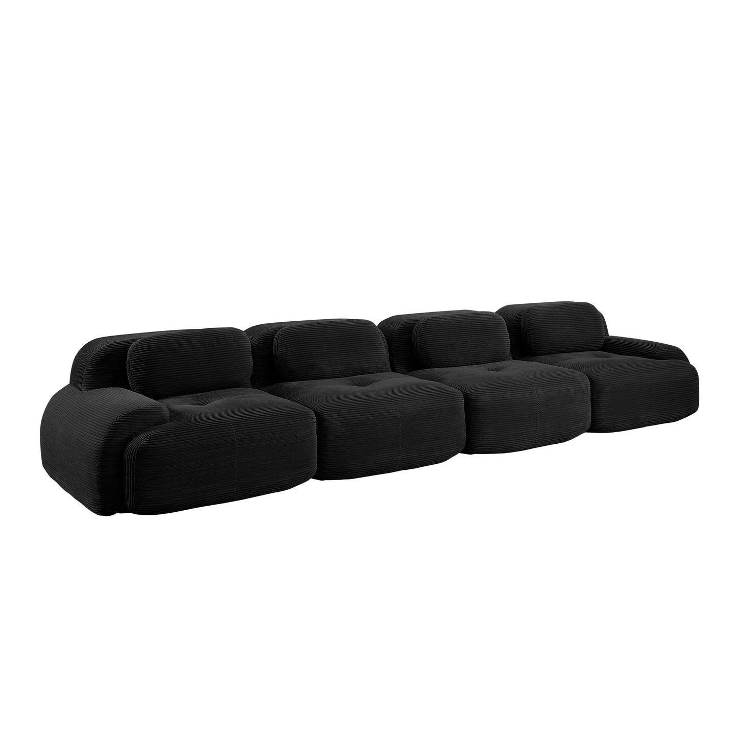 Black corduroy boneless sectional, 4-seat layout, second view on a white background — Black / 4-Seat