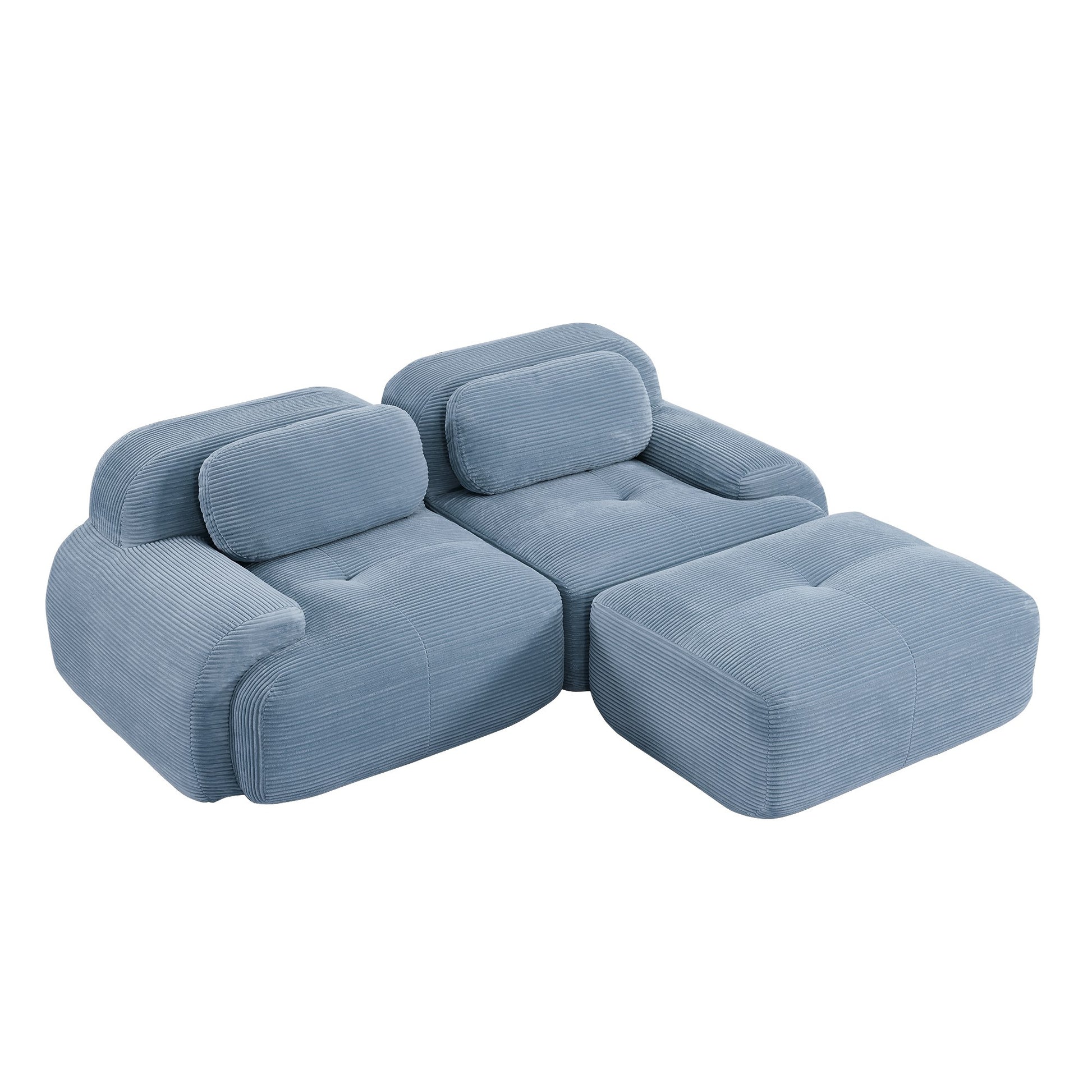 Blue corduroy boneless sectional, 2-seat with one ottoman layout, 45 degree view on a white background — Blue / 2-Seat + 1 Ottoman