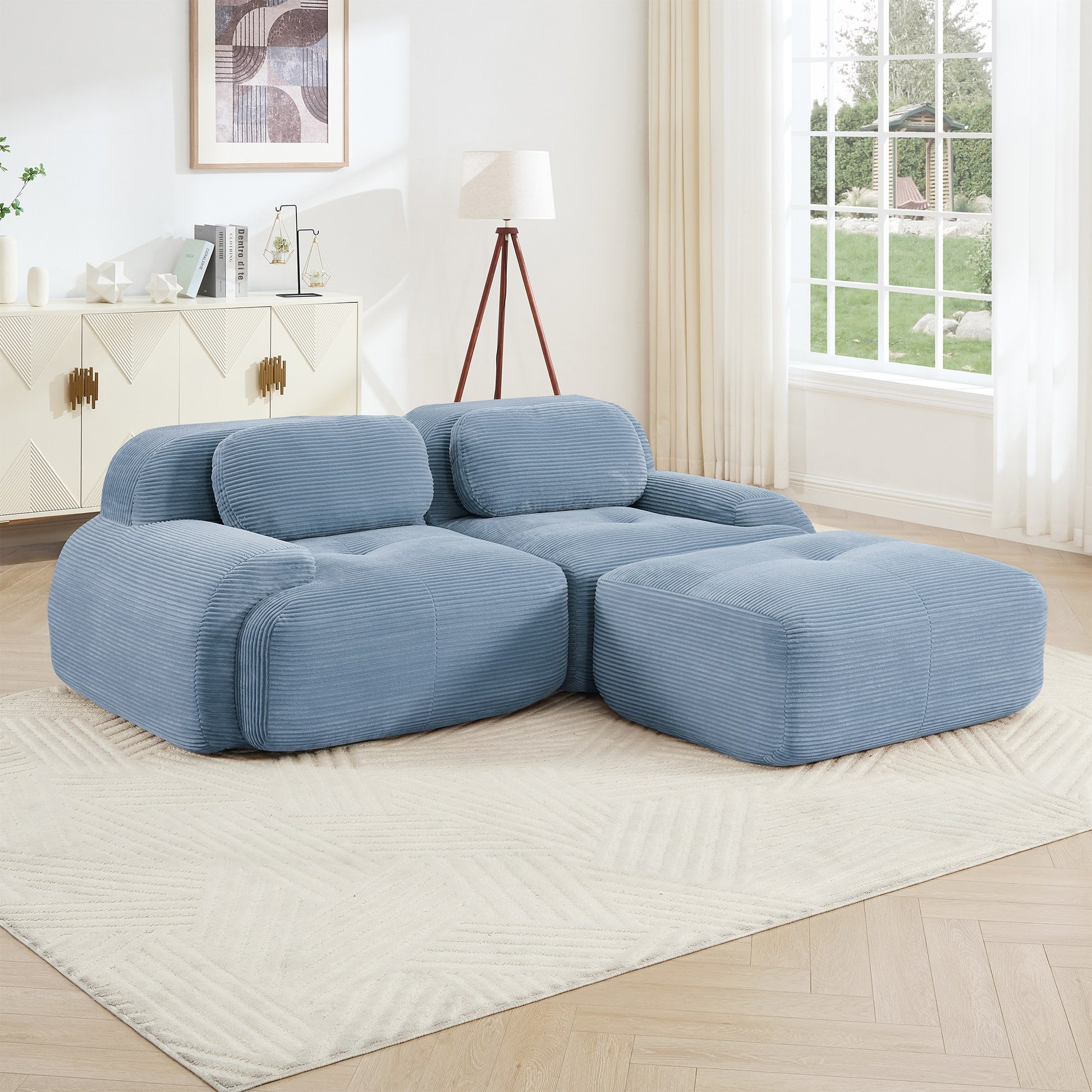 Blue corduroy boneless sectional, 2-seat with one ottoman layout, straight on view in a living room — Blue / 2-Seat + 1 Ottoman