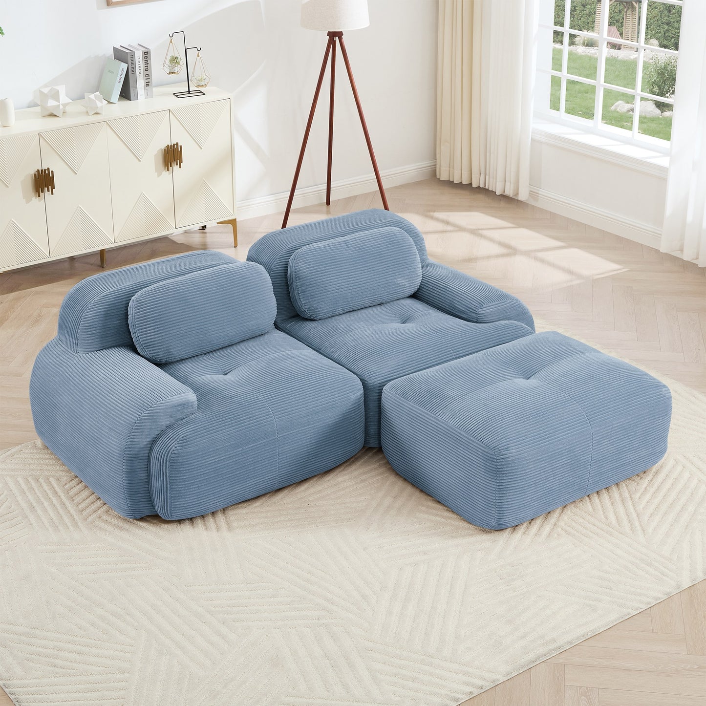 Blue corduroy boneless sectional, 2-seat with one ottoman layout, angled view in a bright living room — Blue / 2-Seat + 1 Ottoman