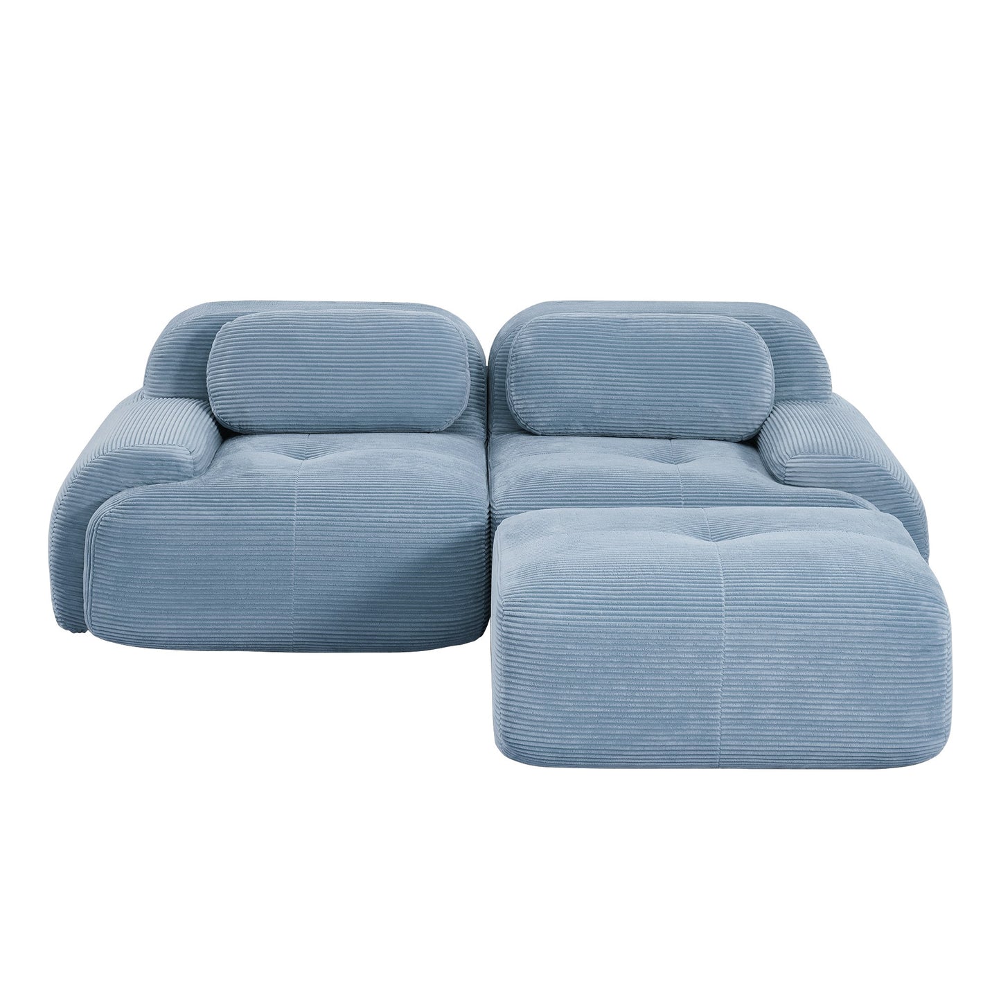 Blue corduroy boneless sectional, 2-seat with one ottoman layout, second view on a white background — Blue / 2-Seat + 1 Ottoman