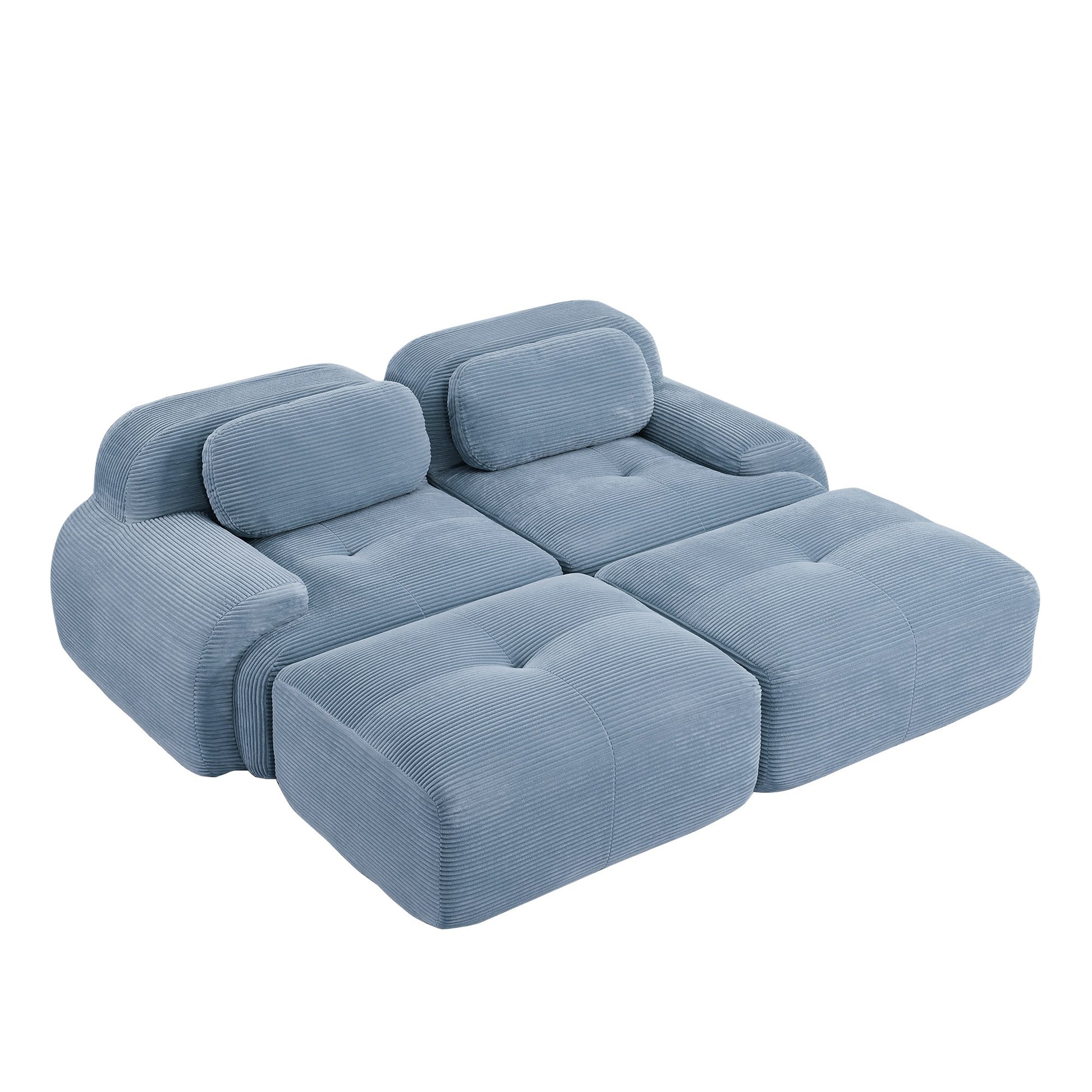 Blue corduroy boneless sectional, 2-seat with two ottomans layout, 45 degree view on a white background — Blue / 2-Seat + 2 Ottomans
