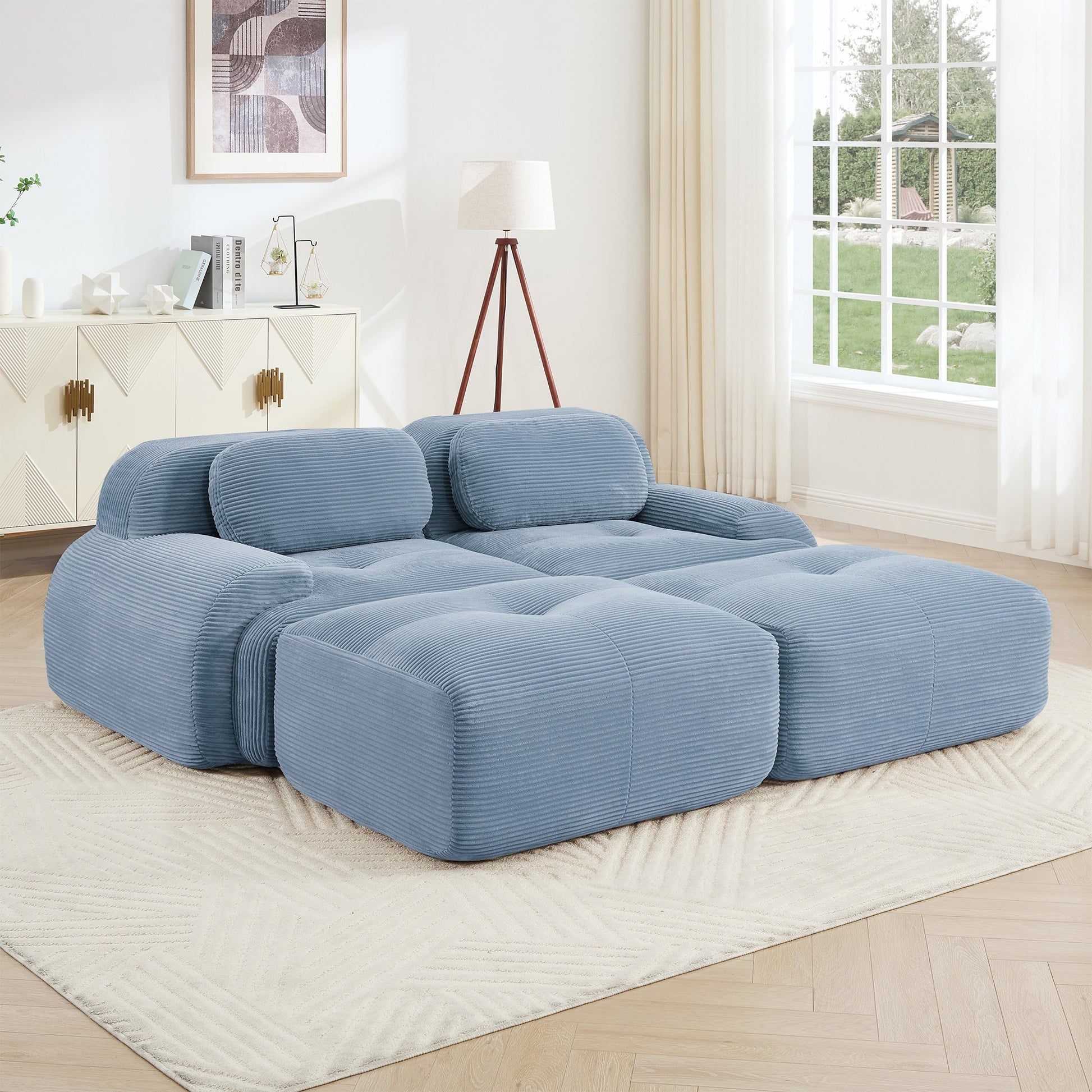 Blue corduroy boneless sectional, 2-seat with two ottomans layout, straight on view in a living room — Blue / 2-Seat + 2 Ottomans