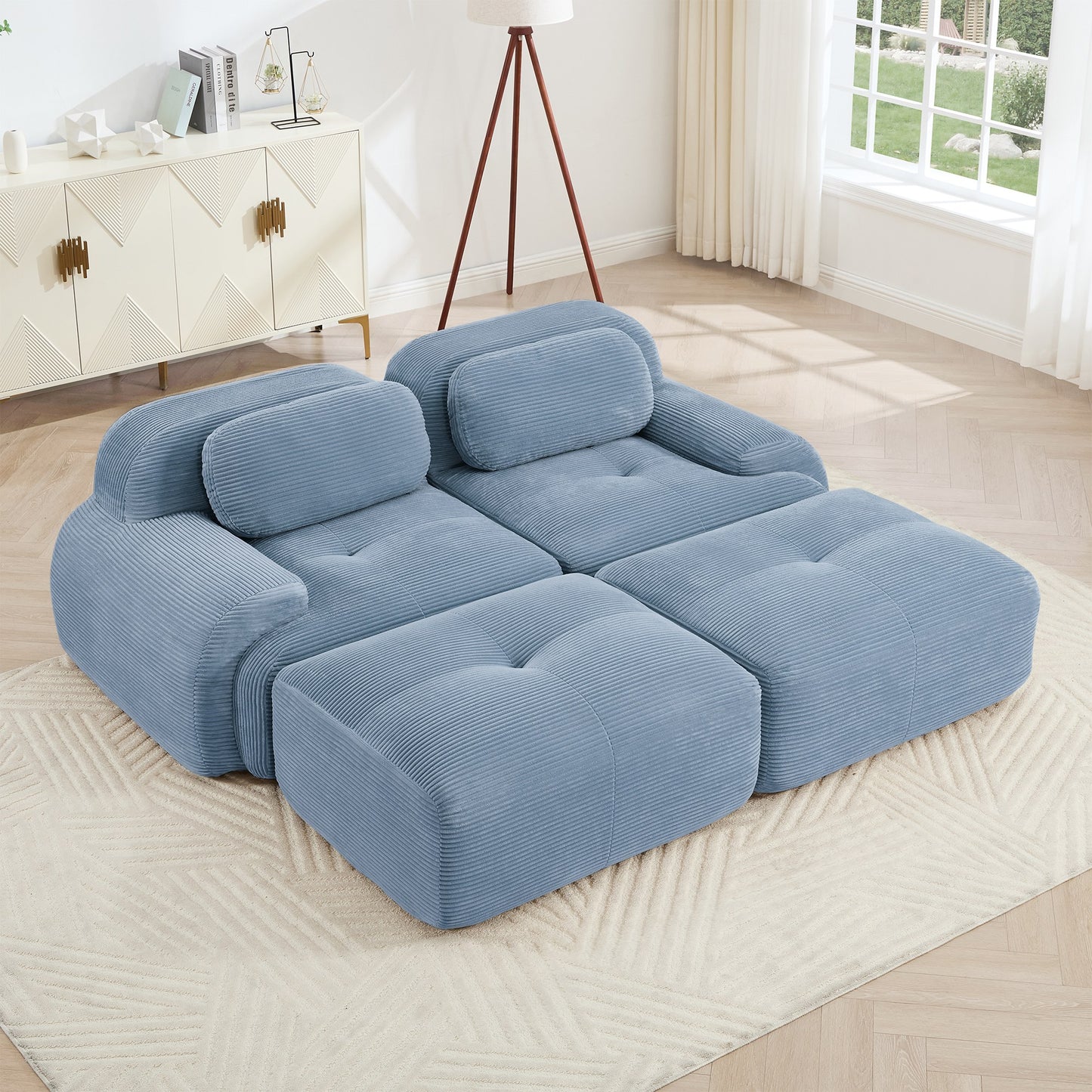 Blue corduroy boneless sectional, 2-seat with two ottomans layout, angled view in a bright living room — Blue / 2-Seat + 2 Ottomans