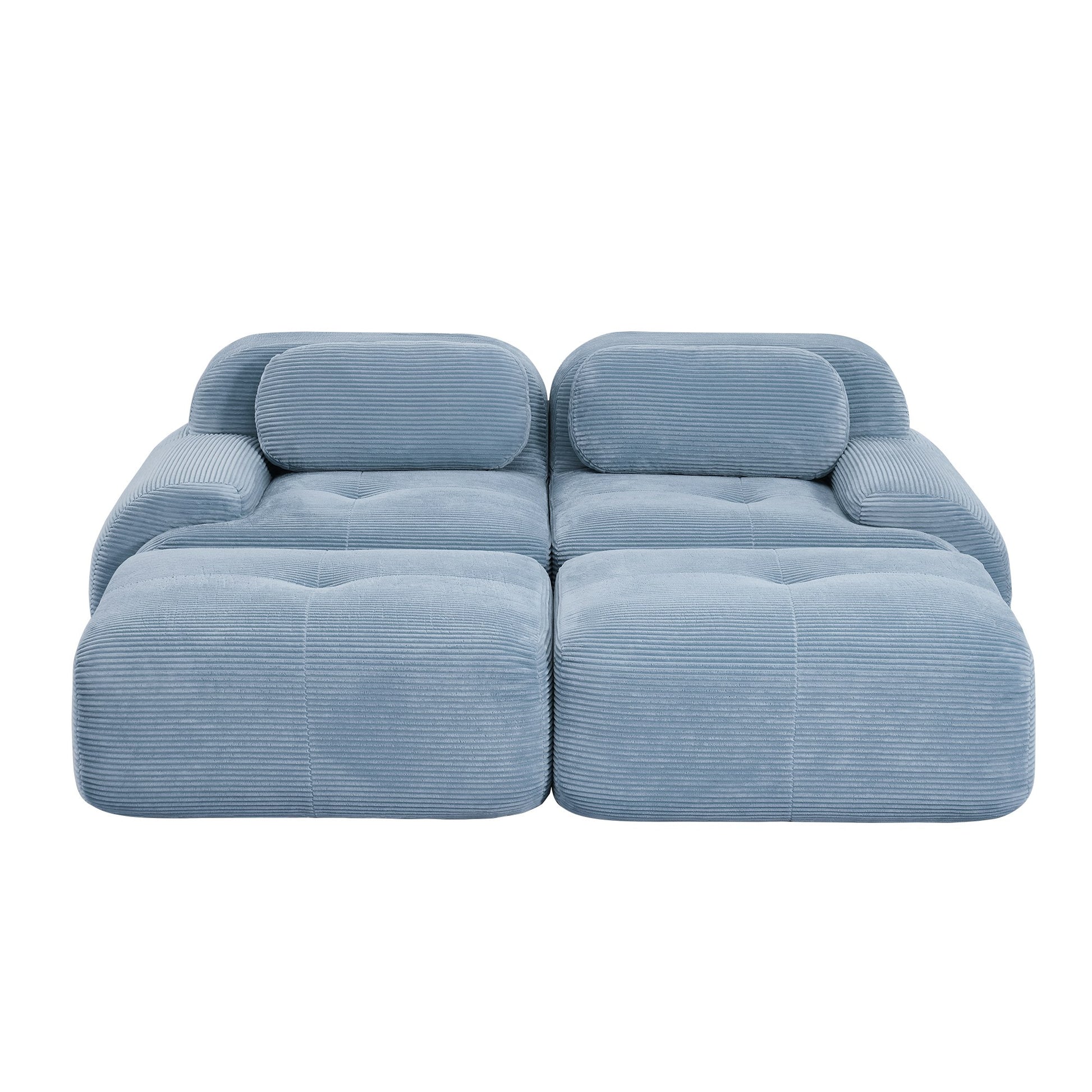 Blue corduroy boneless sectional, 2-seat with two ottomans layout, second view on a white background — Blue / 2-Seat + 2 Ottomans