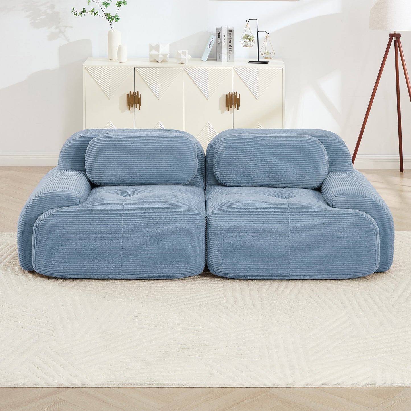 Blue corduroy boneless sectional, 2-seat layout, straight on view in a living room — Blue / 2-Seat